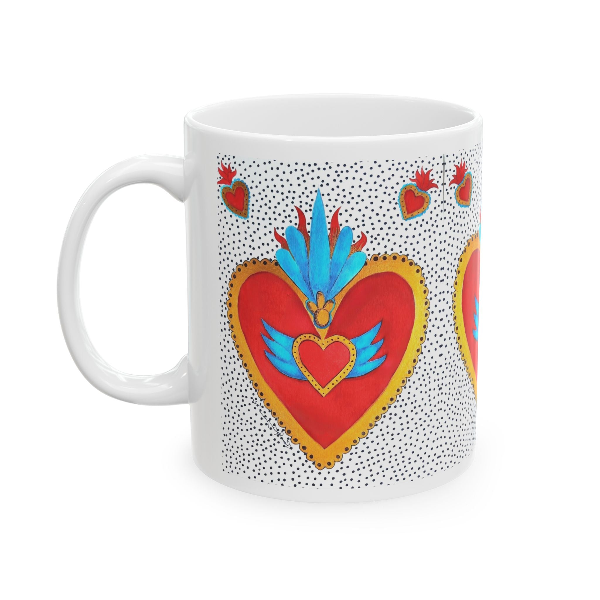 Heart Folk Art Ceramic Mug — Vibrant Sacred Heart Design (11oz & 15oz)