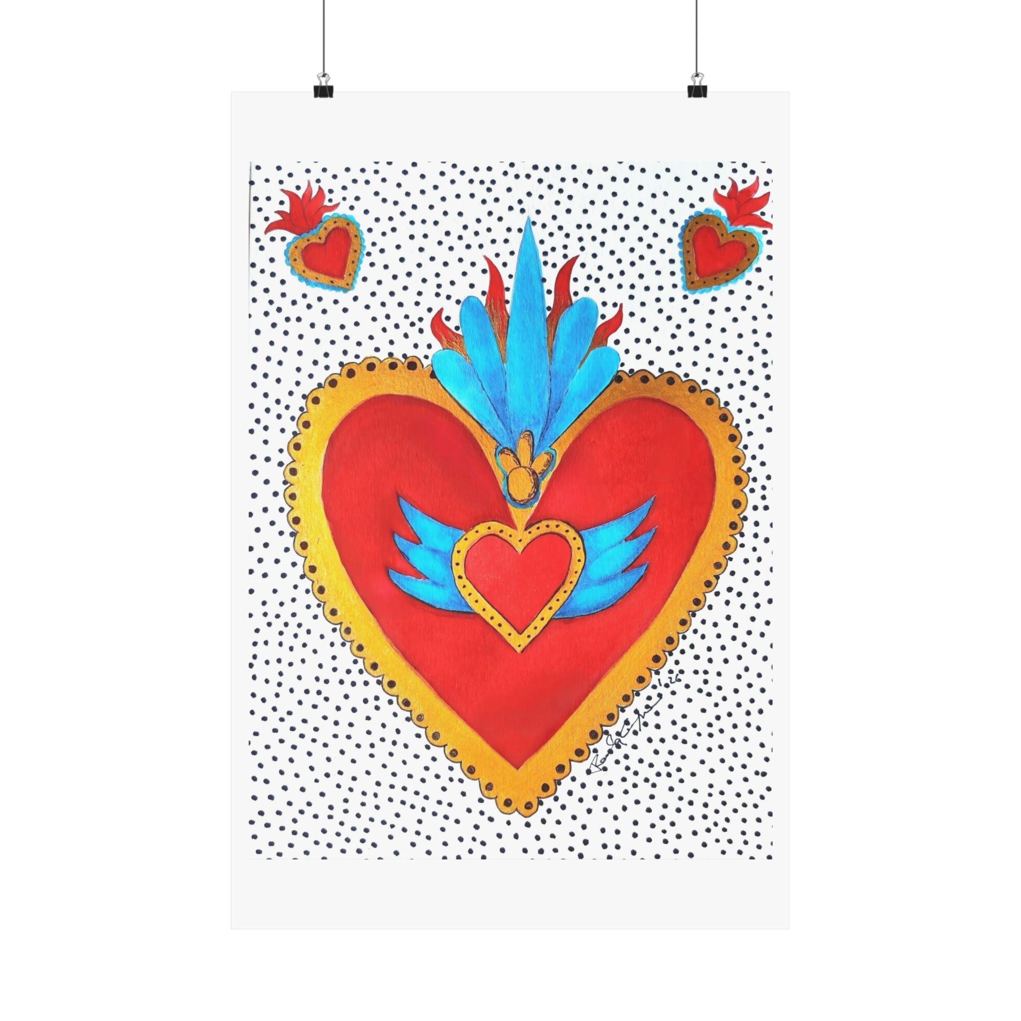 "Corazon de hojalata" Sacred Heart Art Poster — Colorful Folk Heart Matte Vertical Print