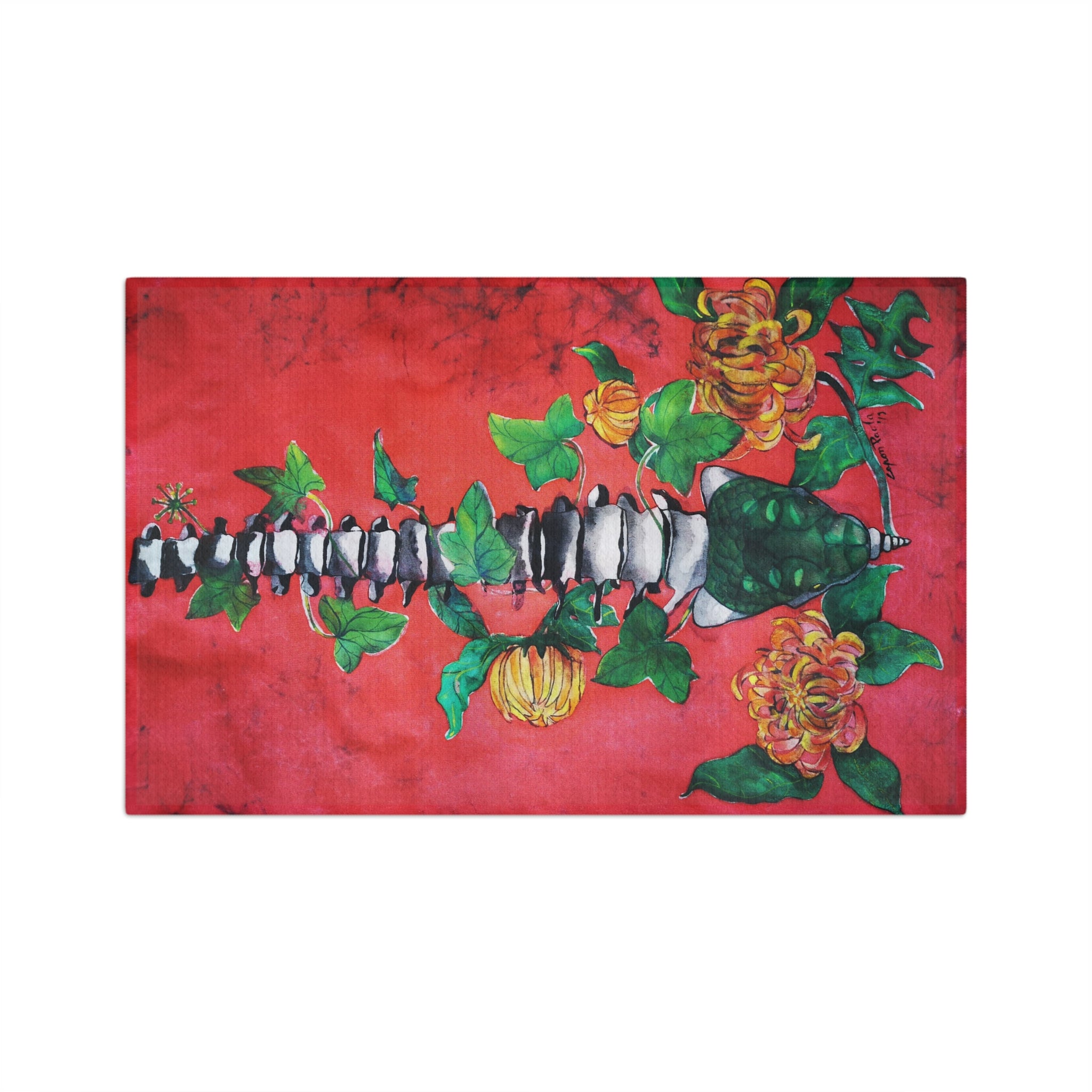 Red Chrysanthemum Spine Tea Towel - Botanical Anatomical Kitchen Towel