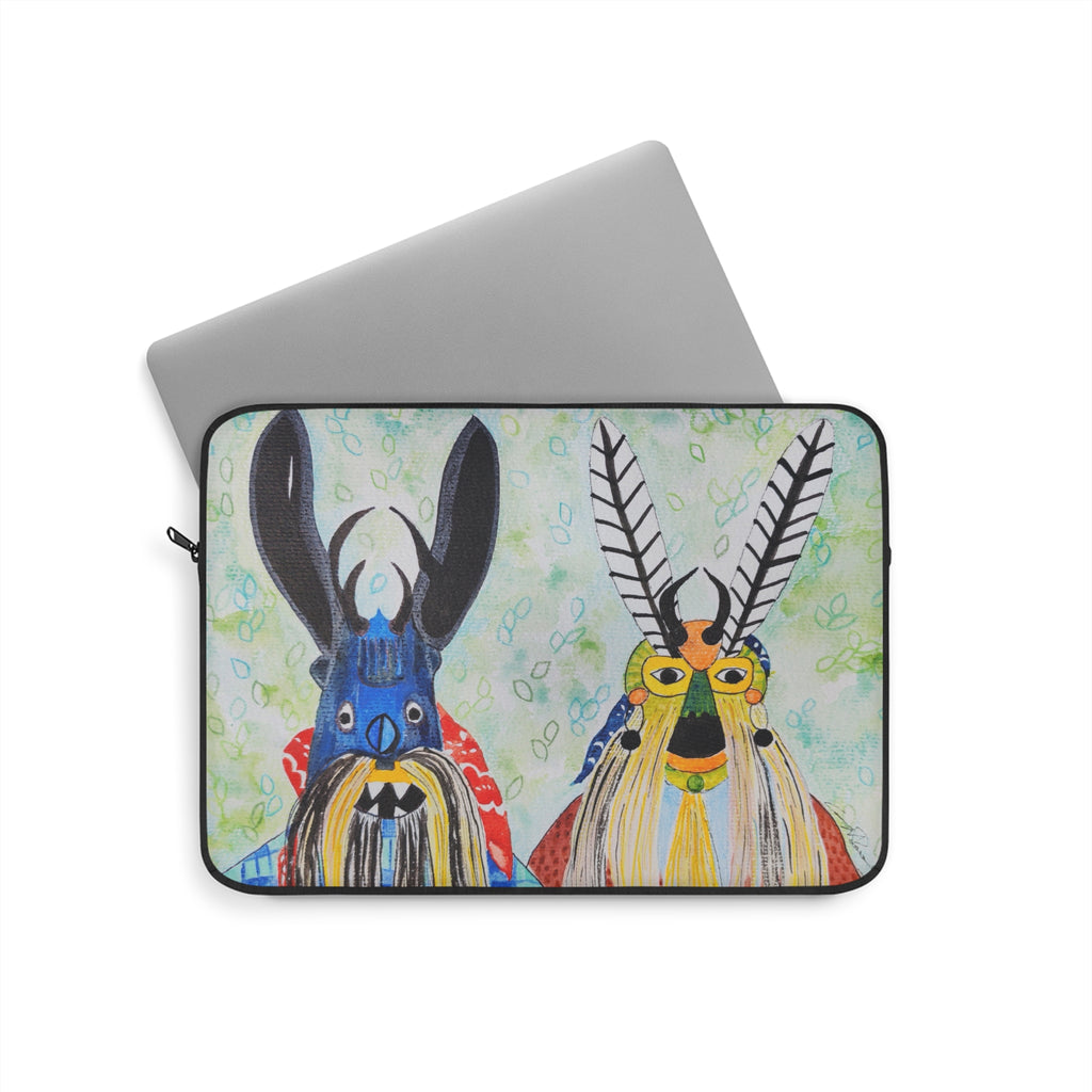 Folk Mask Art Laptop Sleeve – Colorful Hand-Painted Tribal Mascot Design