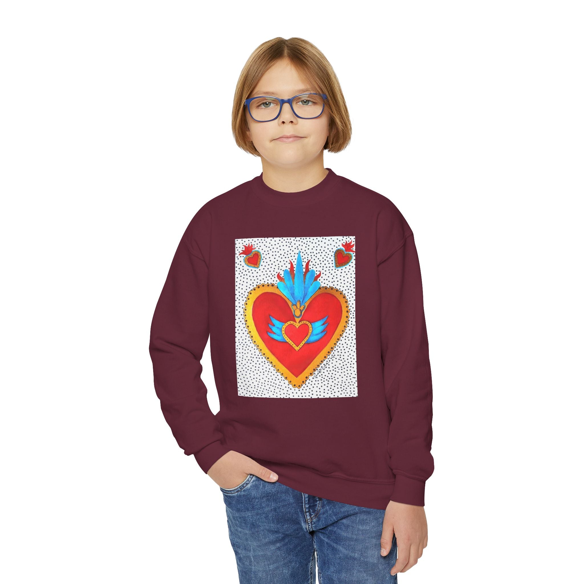 "Tin Heart" Youth Crewneck Sweatshirt — Bright Sacred Heart Graphic Tee for Kids