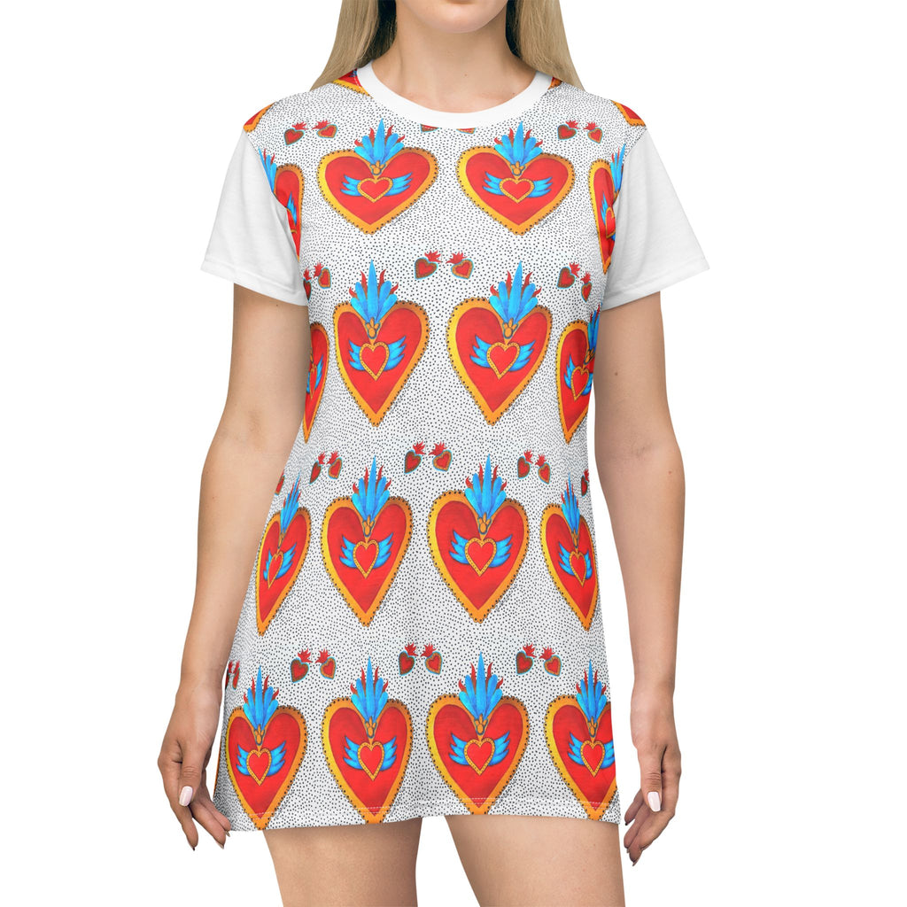 Sacred Heart Pattern T-Shirt Dress – Vibrant Folk Art Heart Print