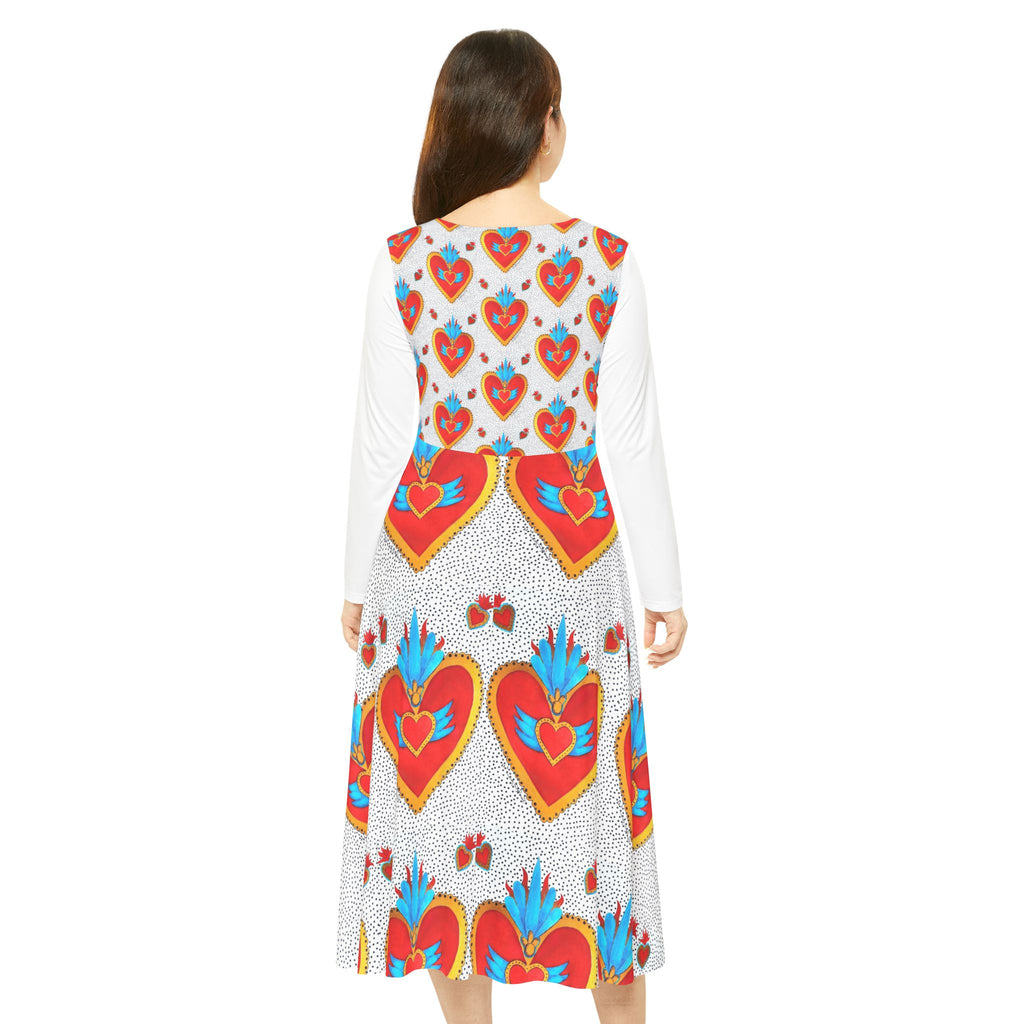 Heart Motif Long Sleeve Dance Dress — Vibrant Sacred Heart Pattern
