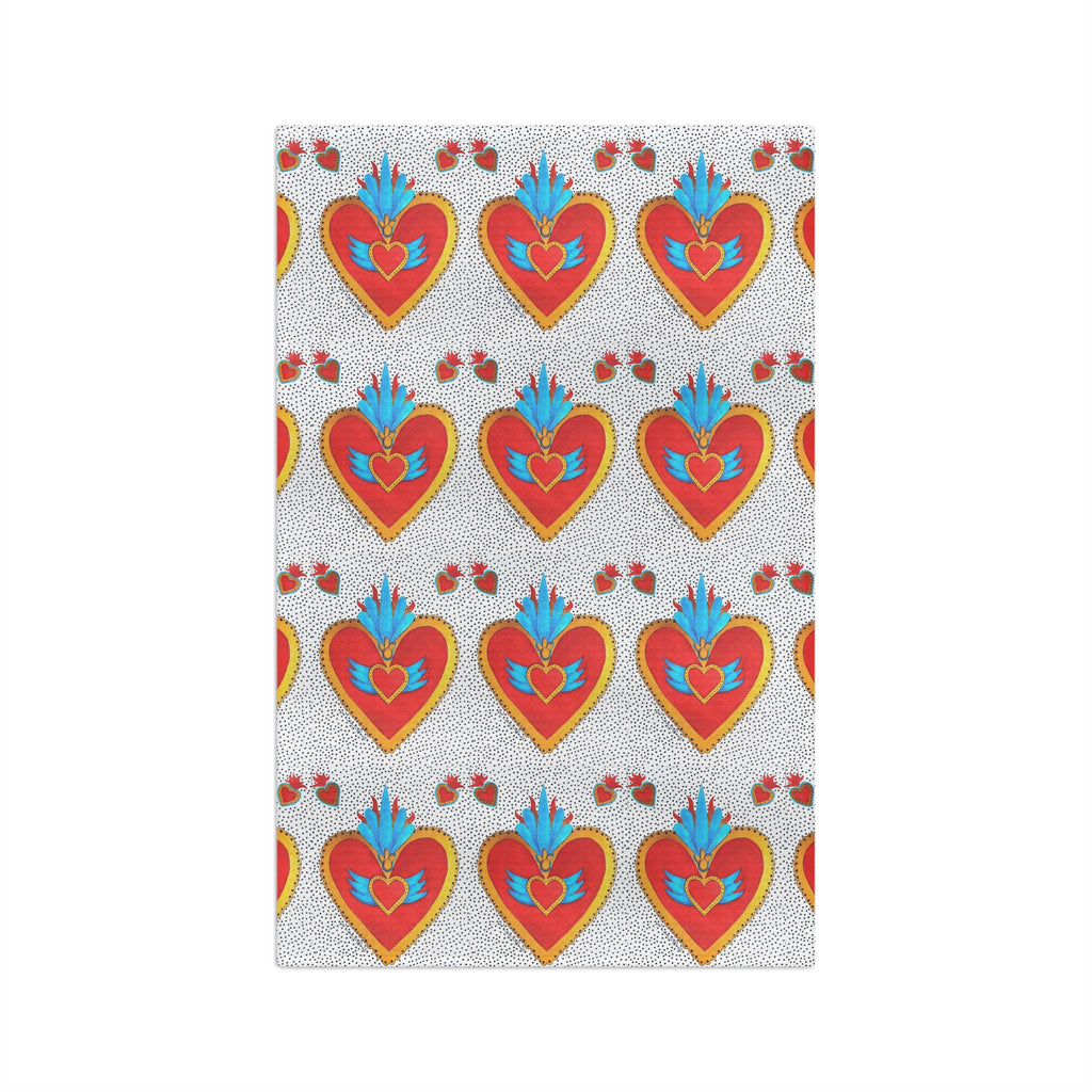 Mexican Sacred Heart Pattern Microfiber Tea Towel - Colorful Folk Art Hearts