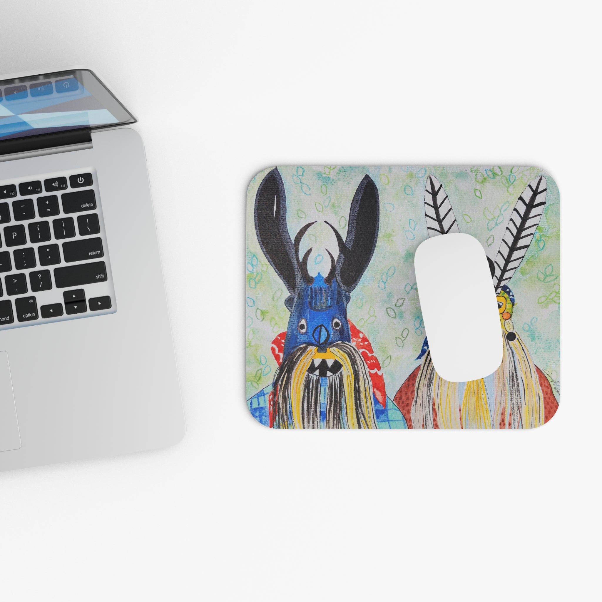 Colorful Tribal Mask Mouse Pad — Whimsical Folk Art Desk Mat