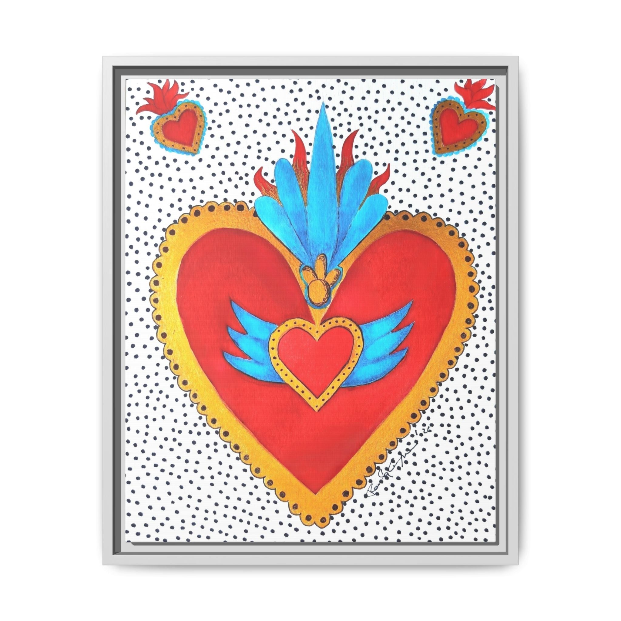 "Tin Heart" Framed Sacred Heart Canvas Art — Colorful Folk Heart Wall Decor