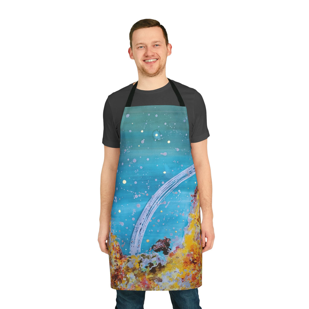 Cosmic Reef Apron — Ocean Galaxy Kitchen Apron with Blue & Coral Abstract Design