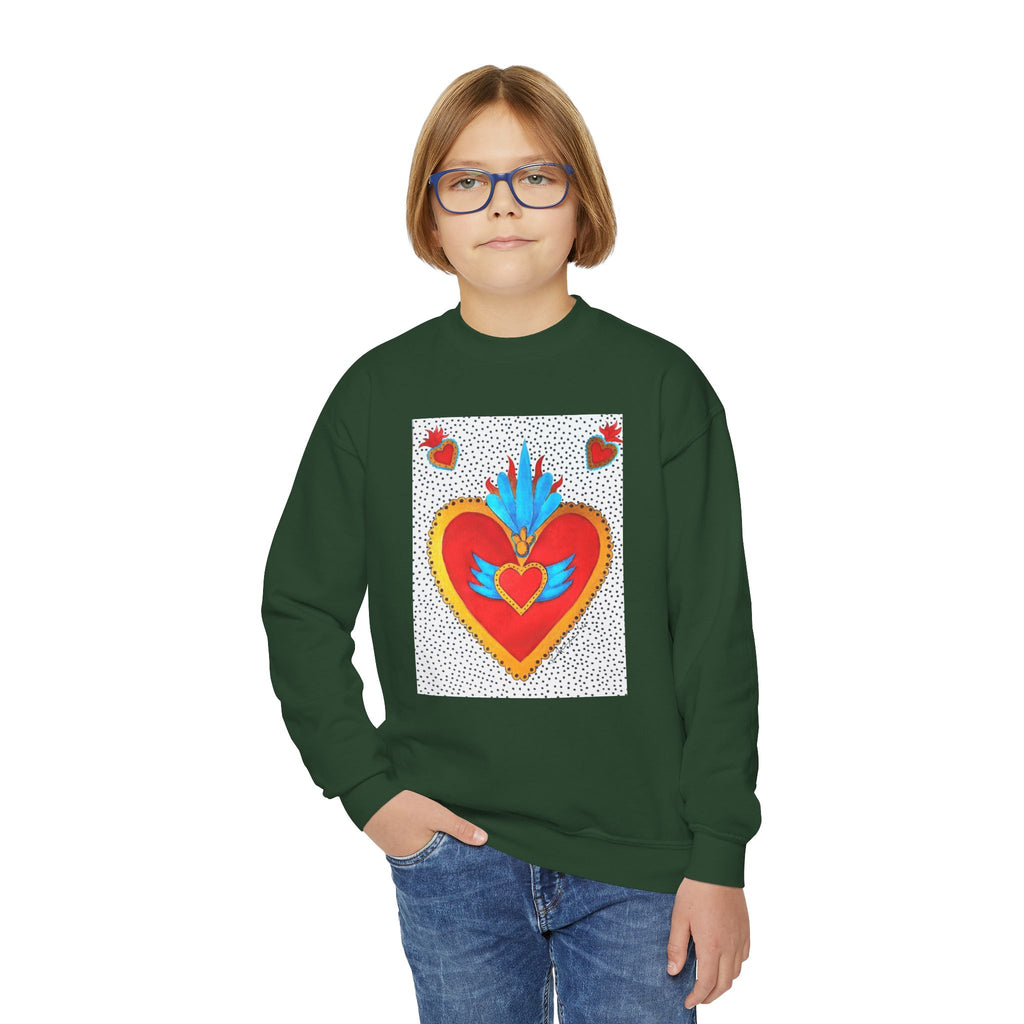 "Tin Heart" Youth Crewneck Sweatshirt — Bright Sacred Heart Graphic Tee for Kids