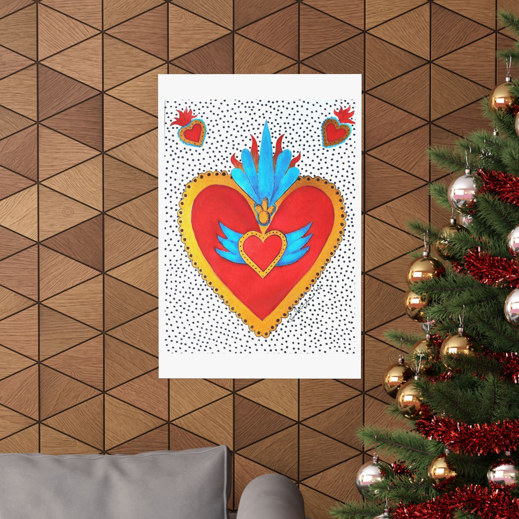 "Tin Heart" Sacred Heart Art Poster — Colorful Folk Heart Matte Vertical Print