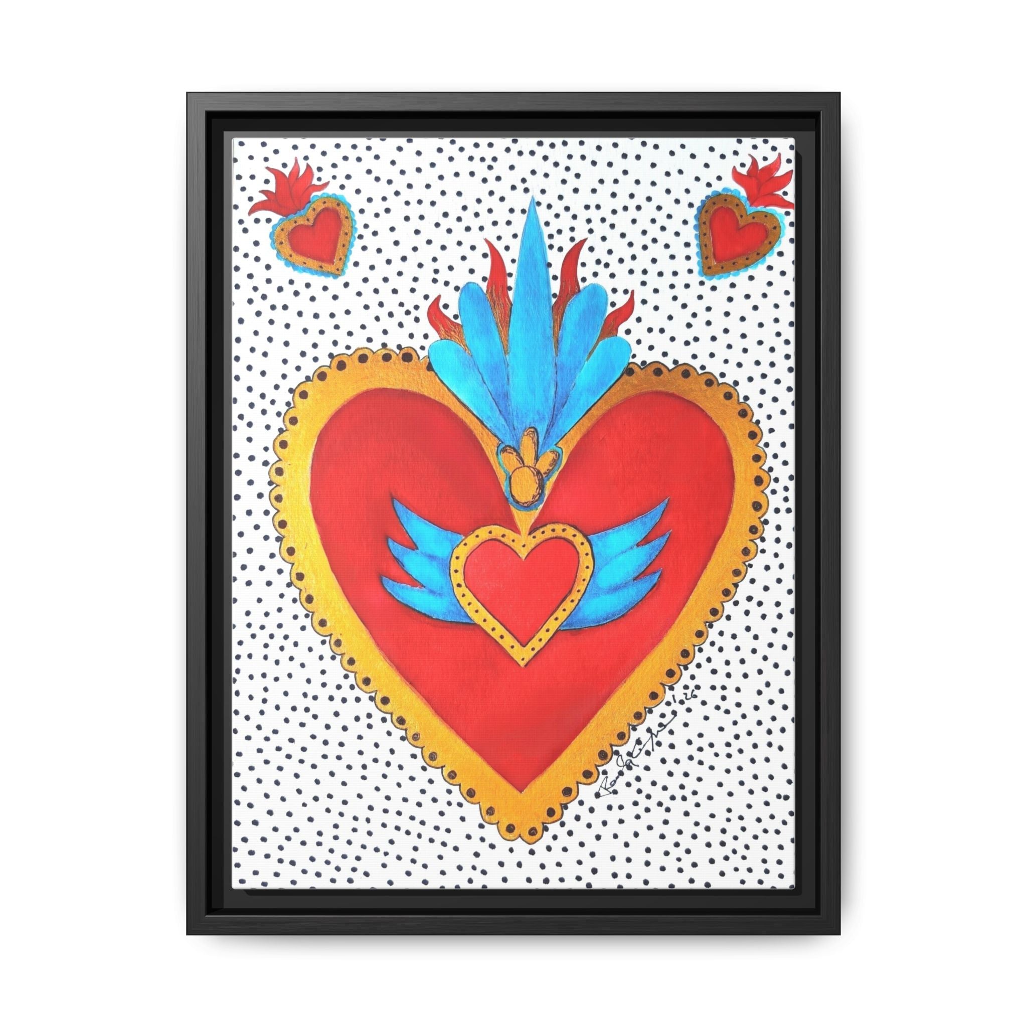 "Tin Heart" Framed Sacred Heart Canvas Art — Colorful Folk Heart Wall Decor