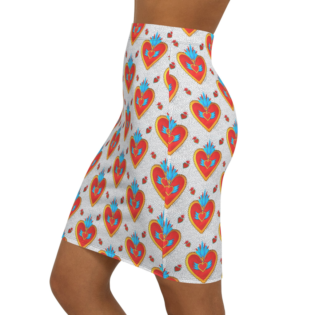 "Corazon de hojalata" Heart Pattern Pencil Skirt — Retro Folk Art Love Print