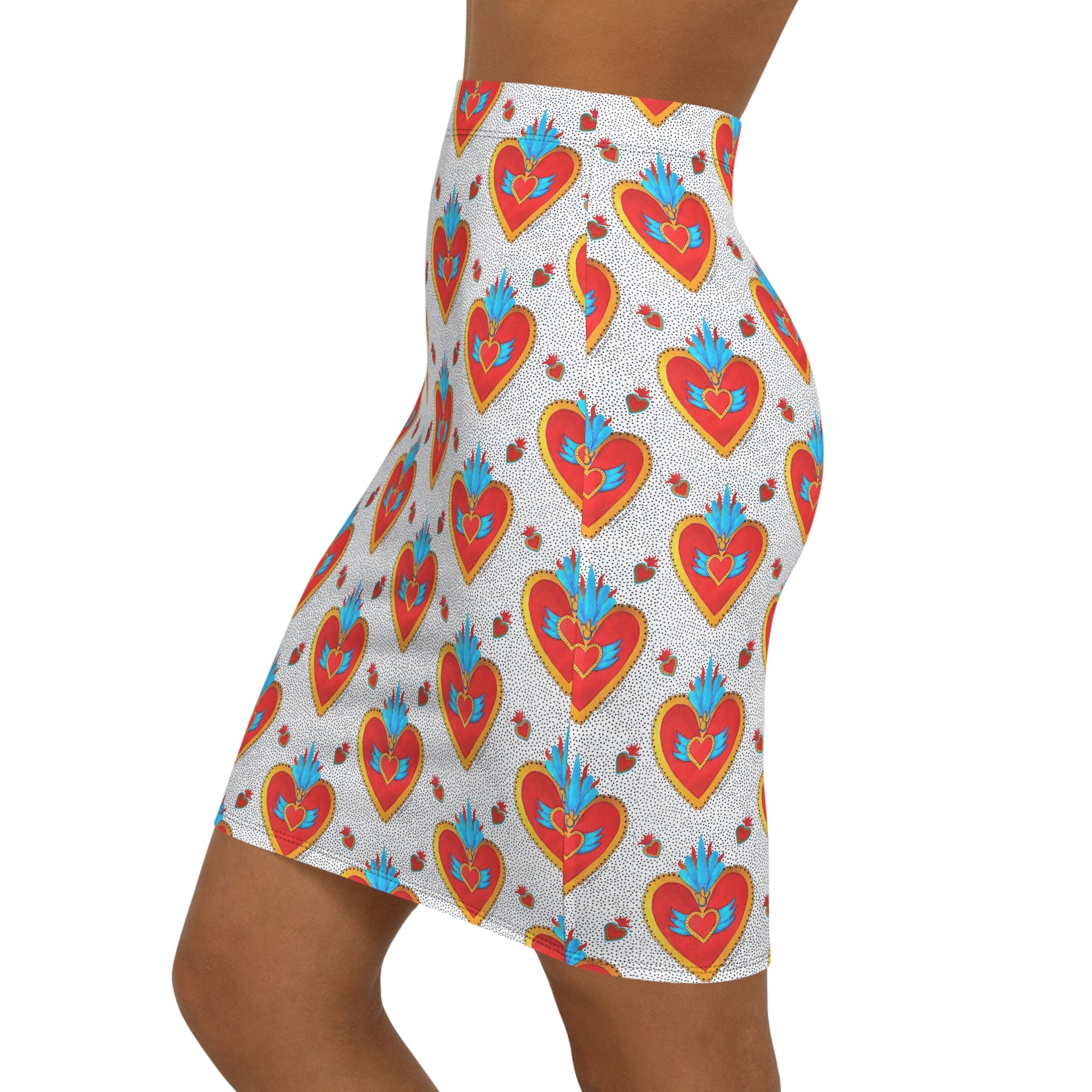 "Corazon de hojalata" Heart Pattern Pencil Skirt — Retro Folk Art Love Print