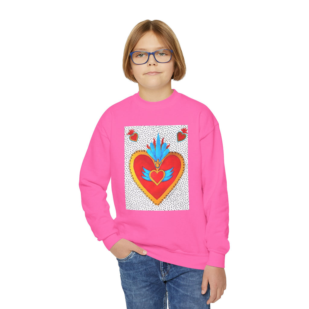 "Tin Heart" Youth Crewneck Sweatshirt — Bright Sacred Heart Graphic Tee for Kids