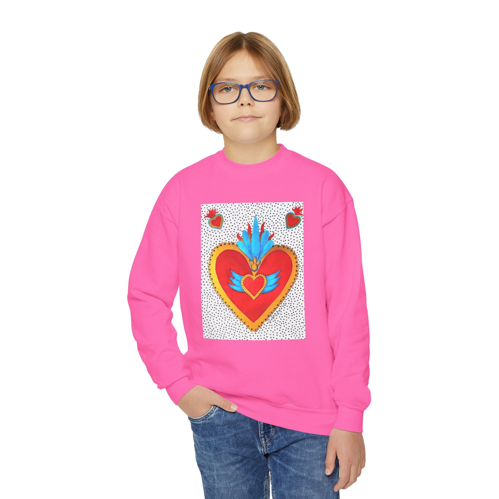"Tin Heart" Youth Crewneck Sweatshirt — Bright Sacred Heart Graphic Tee for Kids