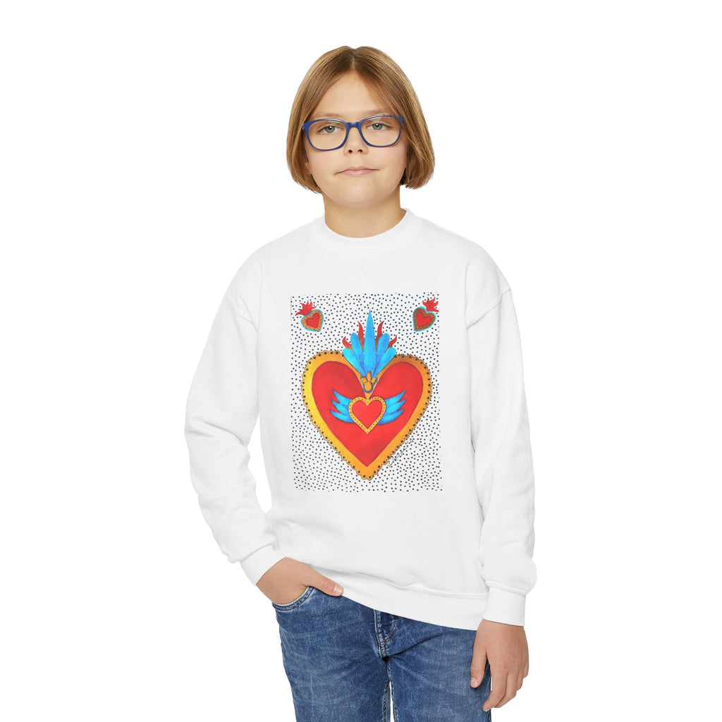 "Corazon de hojalata" Youth Crewneck Sweatshirt — Bright Sacred Heart Graphic Tee for Kids