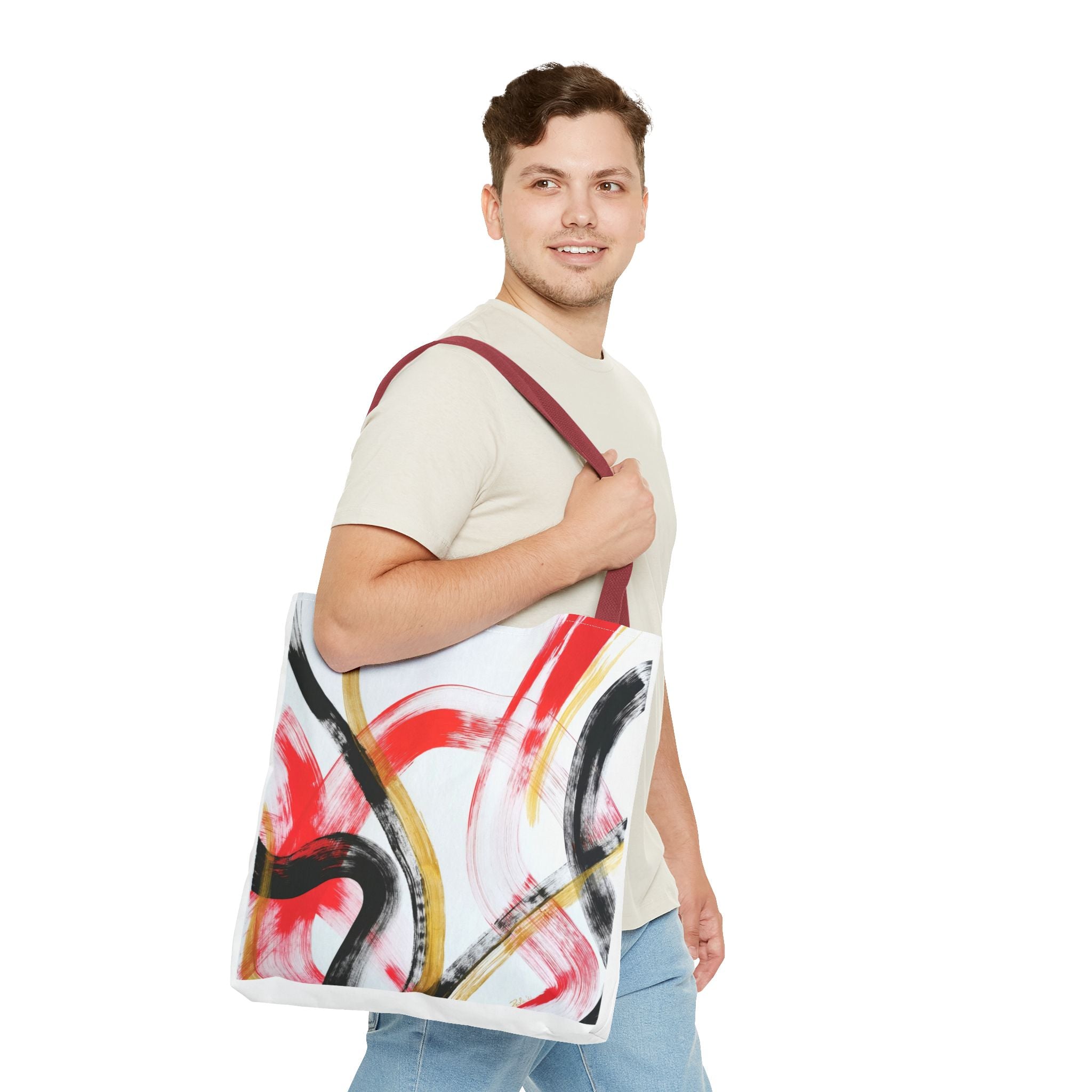 Abstract Brushstroke Tote Bag — Red, Black & Gold Artistic All-Over Print