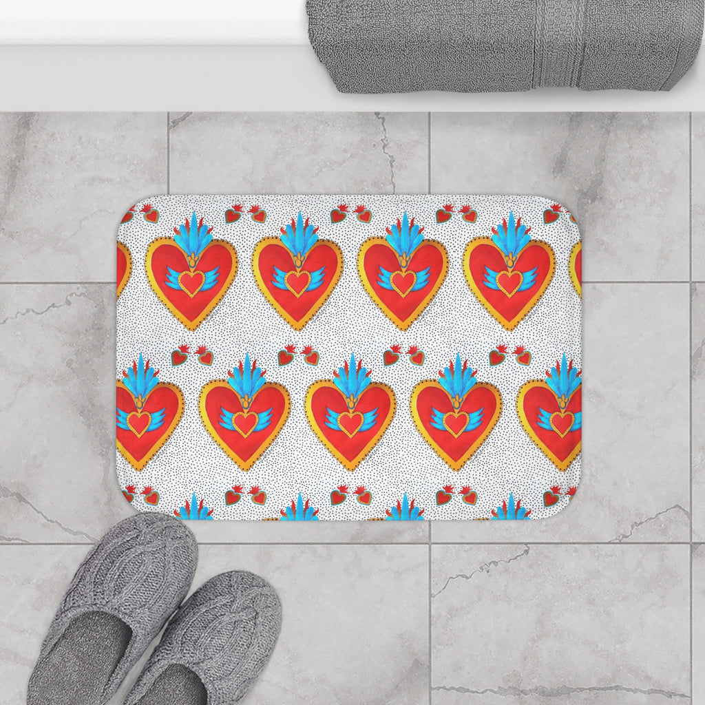 Sacred Heart Pattern Bath Mat — Colorful Folk-Art Heart Bathroom Rug