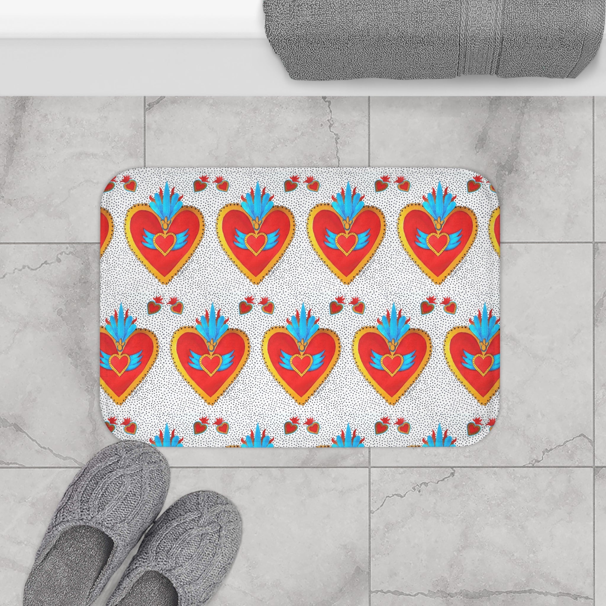 Sacred Heart Pattern Bath Mat — Colorful Folk-Art Heart Bathroom Rug