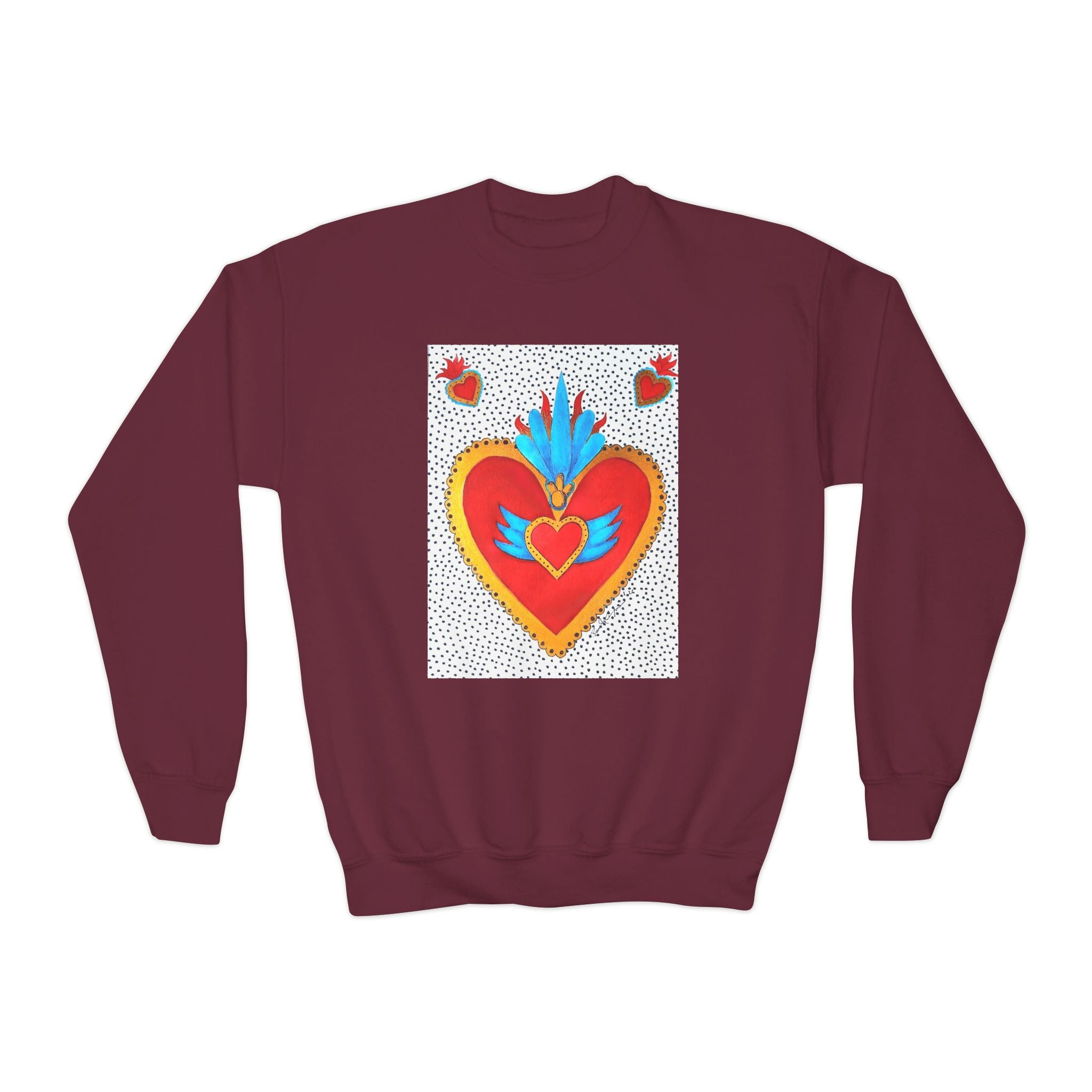 "Tin Heart" Youth Crewneck Sweatshirt — Bright Sacred Heart Graphic Tee for Kids