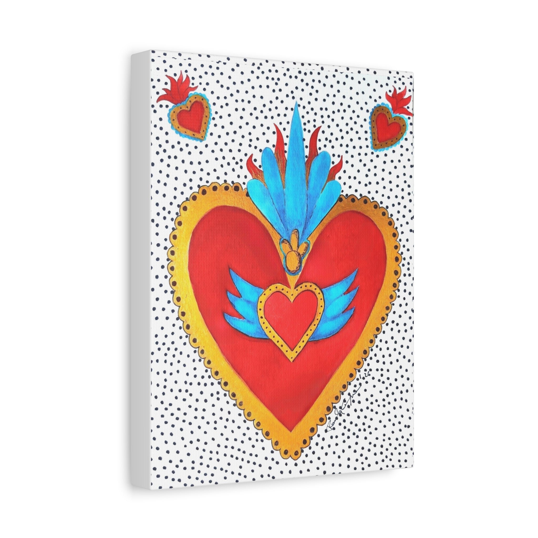 "Tin Heart" Folk Art Sacred Heart Canvas Print — Vibrant Red & Gold Heart Wall Art