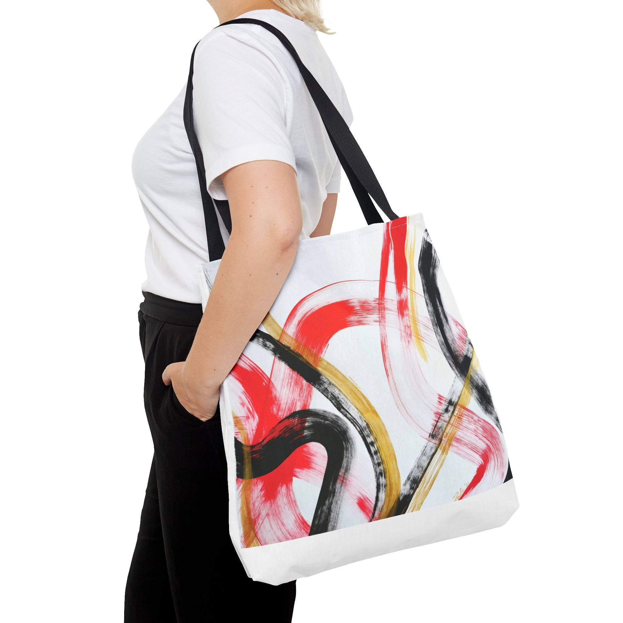 Abstract Brushstroke Tote Bag — Red, Black & Gold Artistic All-Over Print