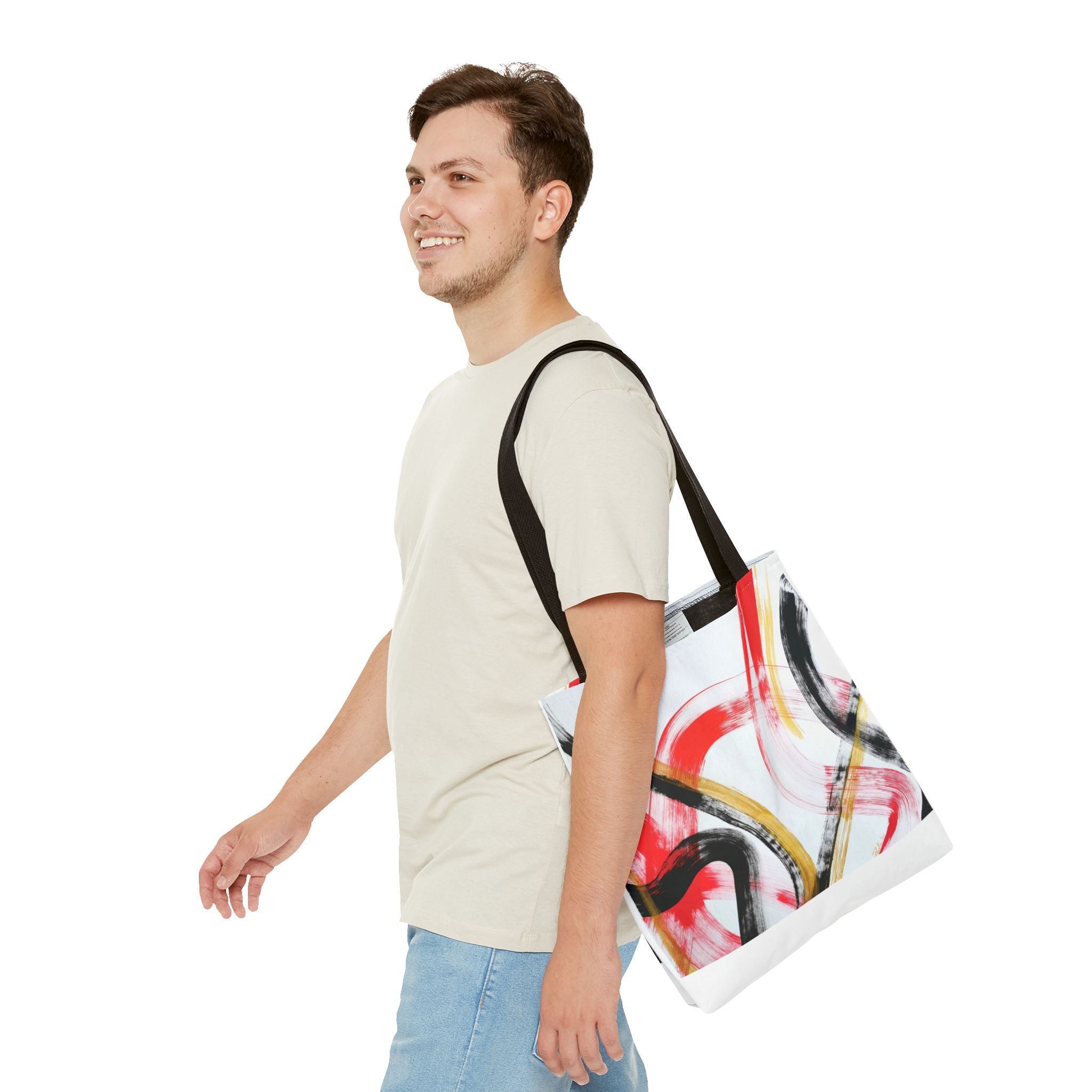 Abstract Brushstroke Tote Bag — Red, Black & Gold Artistic All-Over Print