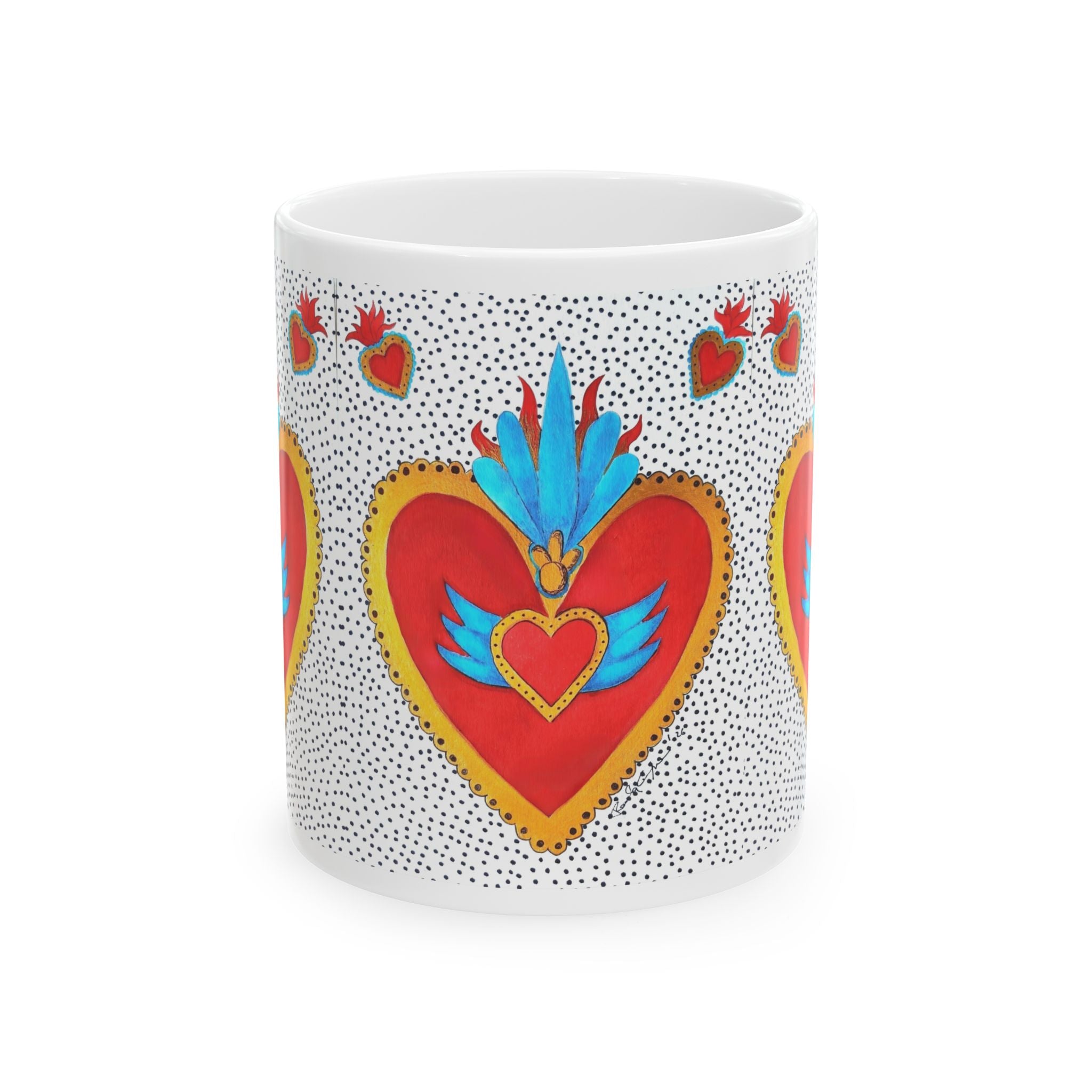 Heart Folk Art Ceramic Mug — Vibrant Sacred Heart Design (11oz & 15oz)
