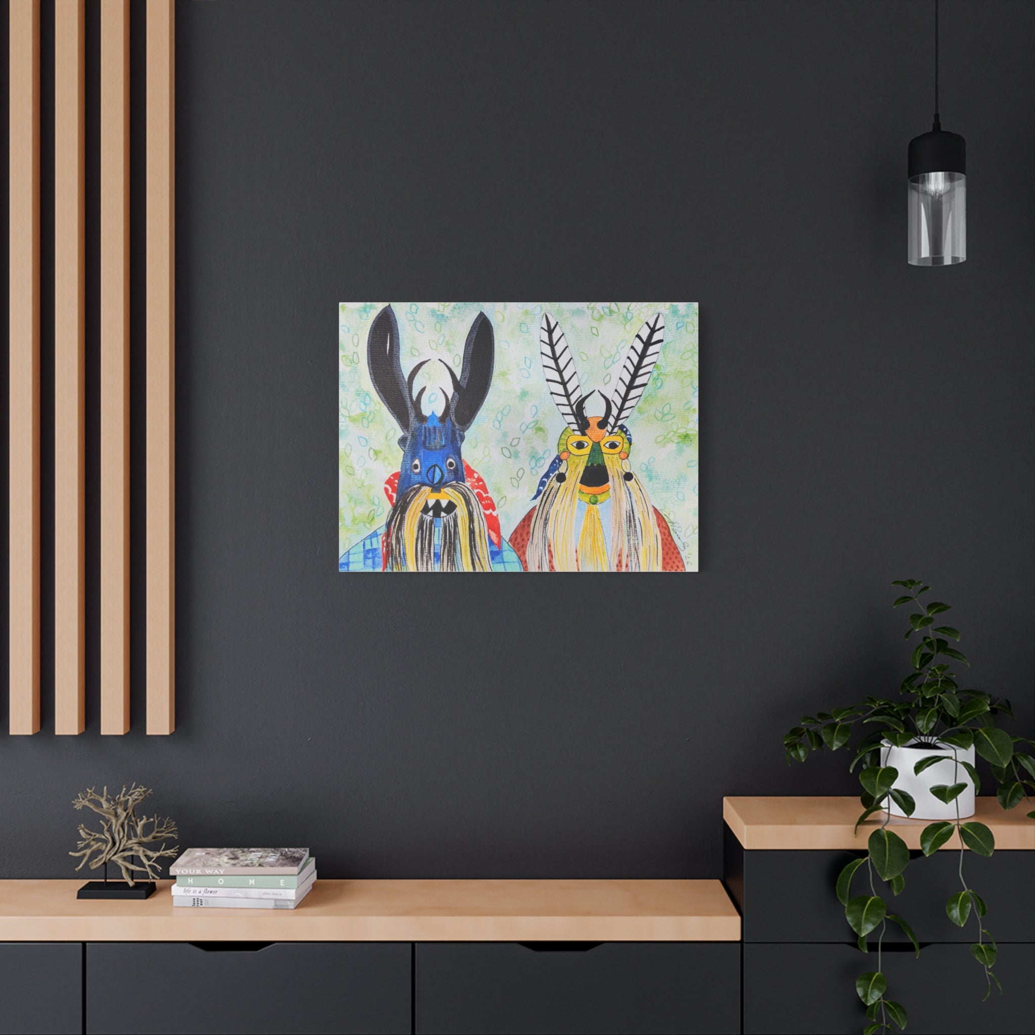 Tribal Mask Art Matte Canvas — Colorful Folk Portrait, Stretched Wall Art