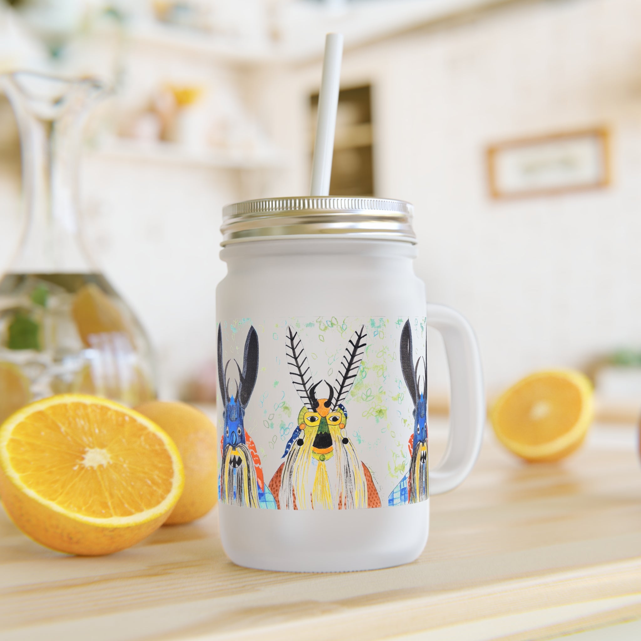 Mason Jar Tumbler with Colorful Watercolor Deer Design – Glass Drinking Jar with Straw