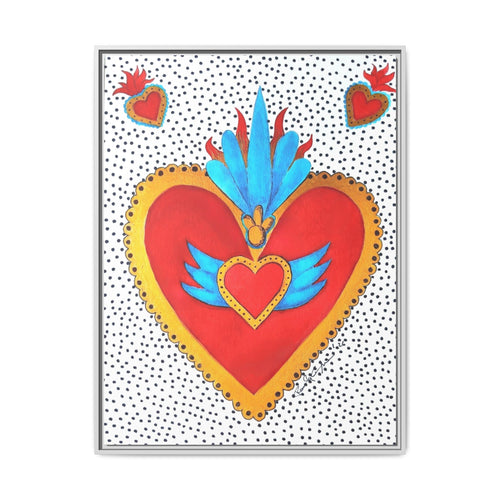 "Tin Heart" Framed Sacred Heart Canvas Art — Colorful Folk Heart Wall Decor
