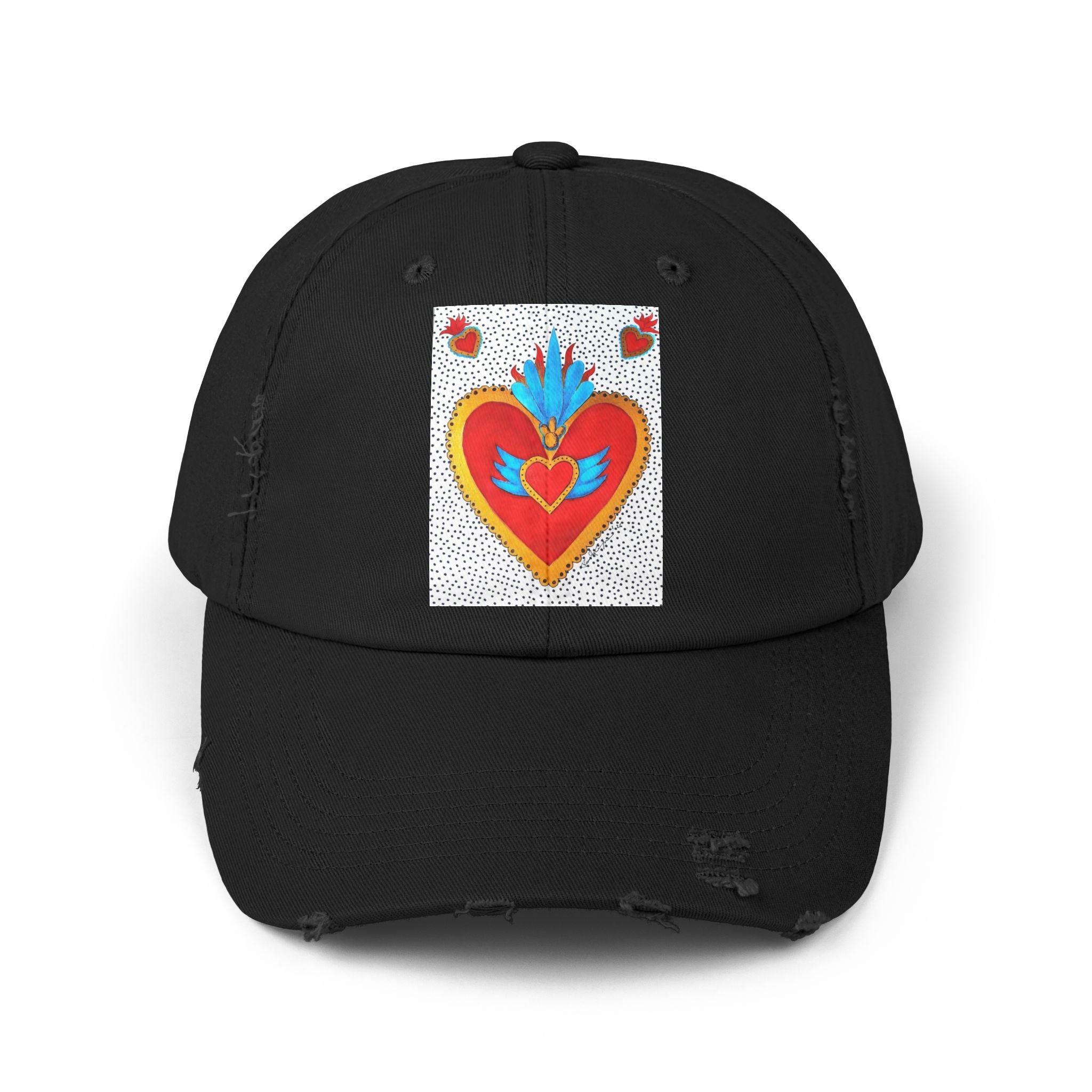 Distressed Cap — Sacred Flaming Heart Patch Baseball Hat