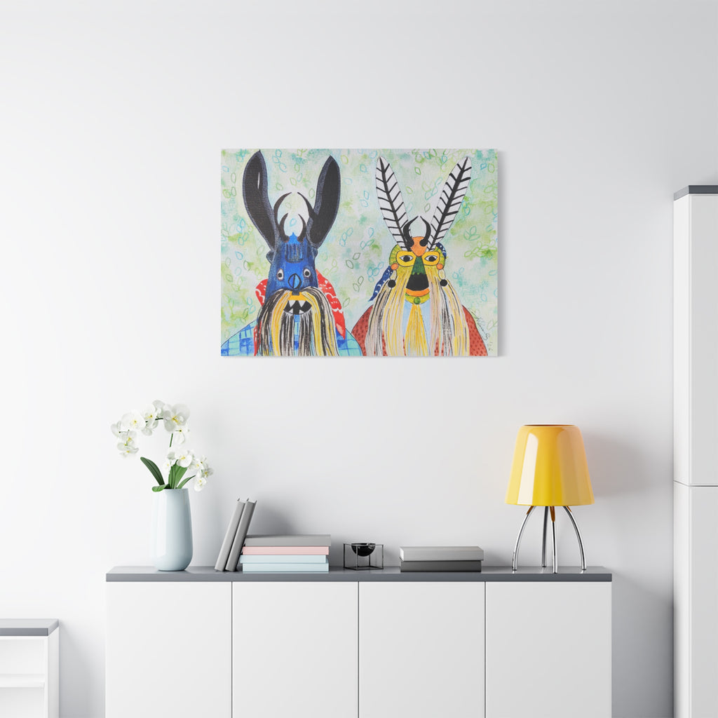 Tribal Mask Art Matte Canvas — Colorful Folk Portrait, Stretched Wall Art