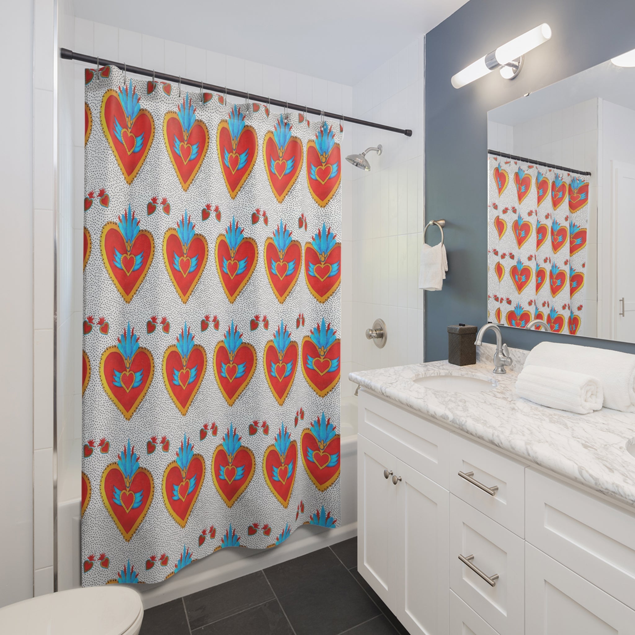 Heart Motif Shower Curtain — Bright Red Sacred Hearts Pattern for Bathroom Decor