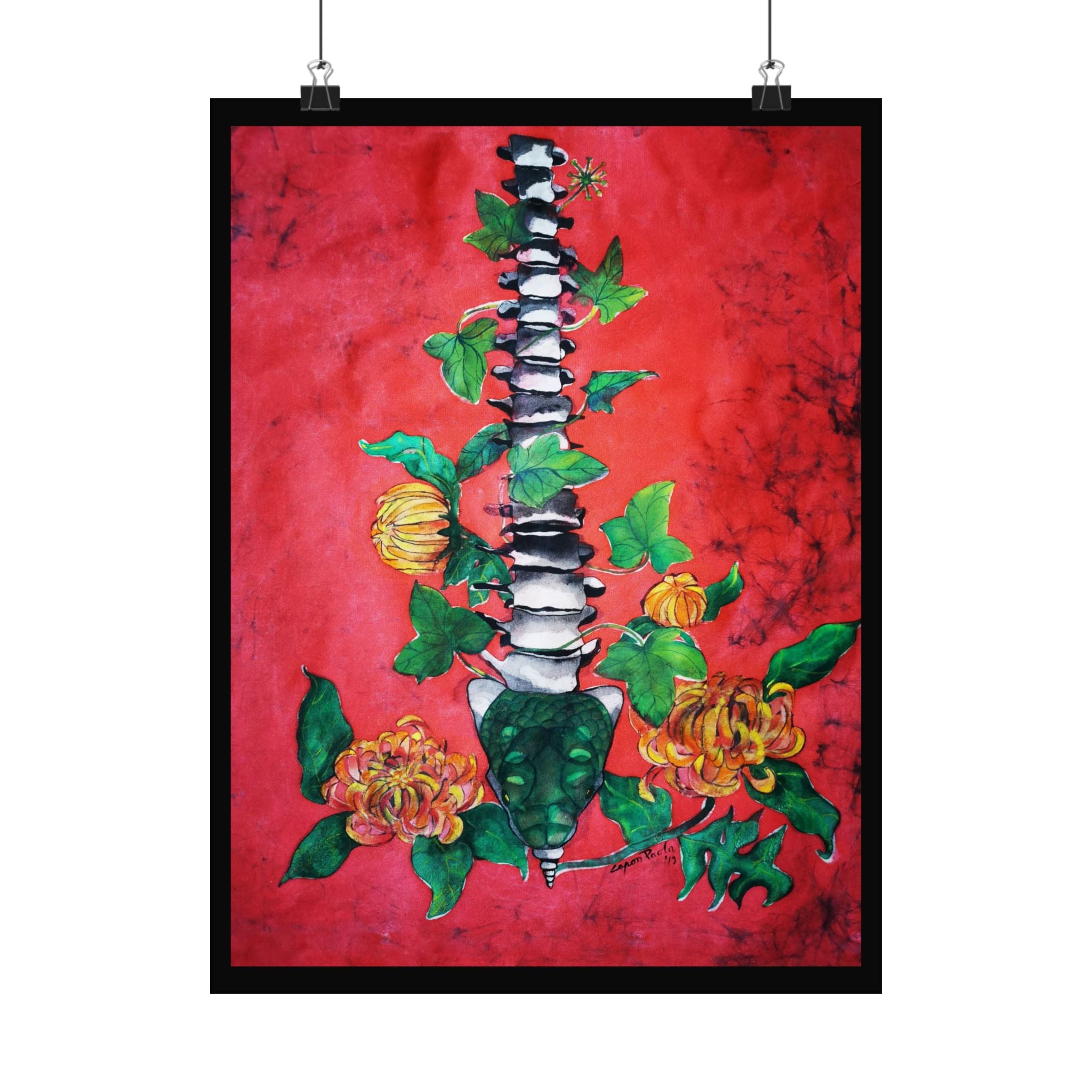 Spine & Chrysanthemum Art Poster — Botanical Anatomy Vertical Print