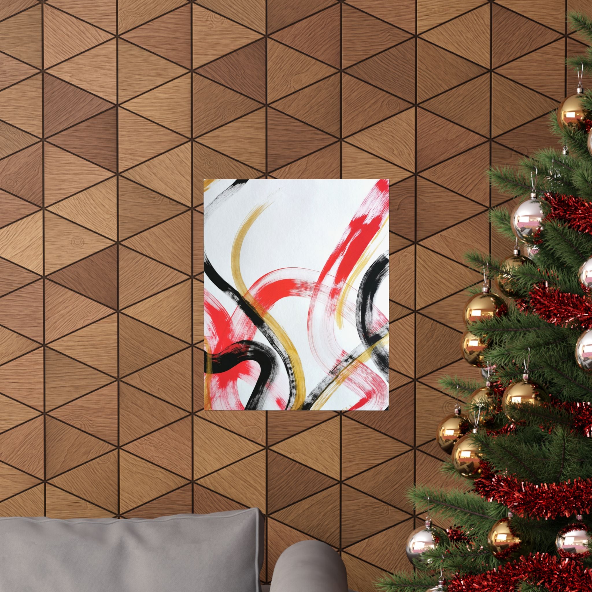 Abstract Brushstroke Matte Poster — Red, Black & Gold Vertical Wall Art