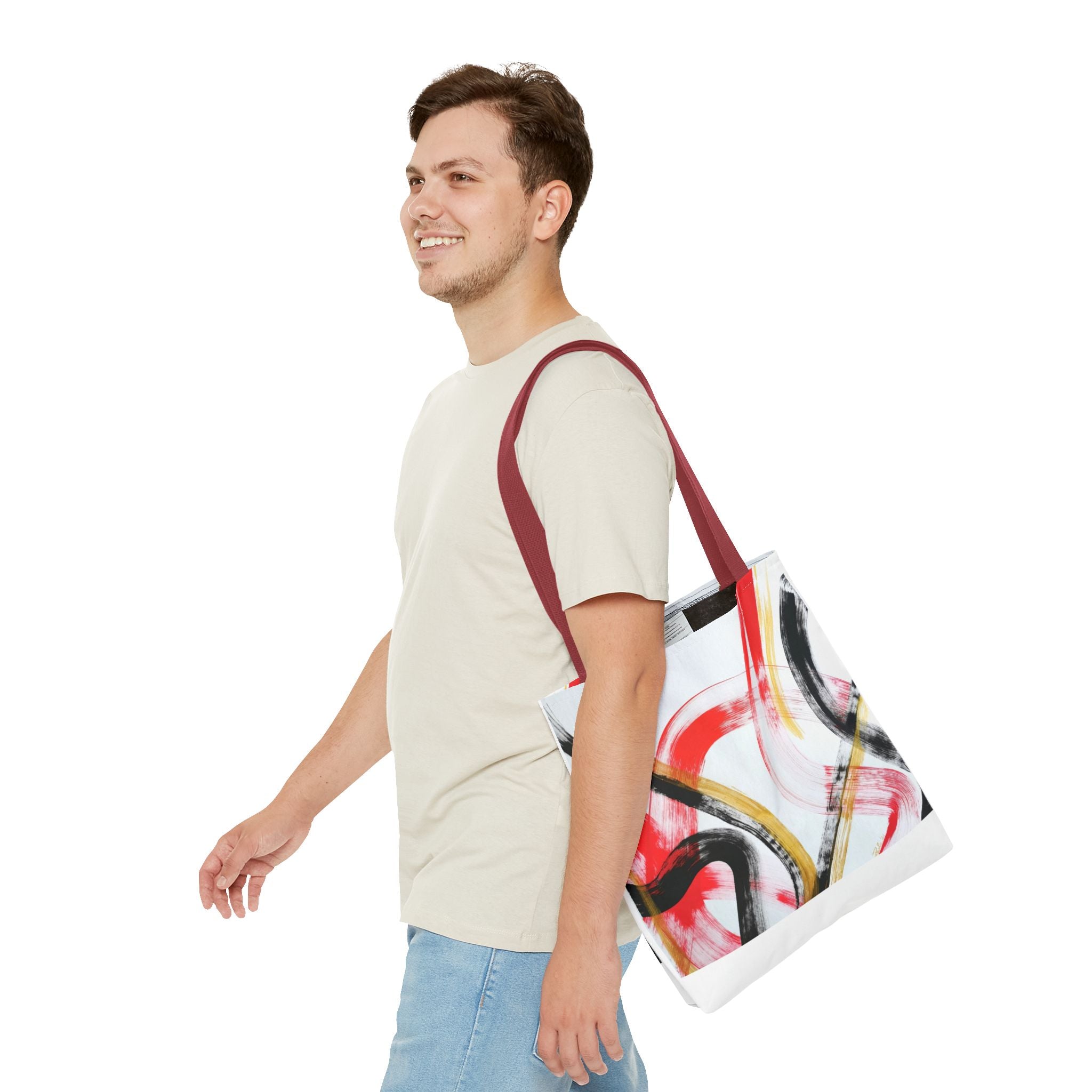 Abstract Brushstroke Tote Bag — Red, Black & Gold Artistic All-Over Print