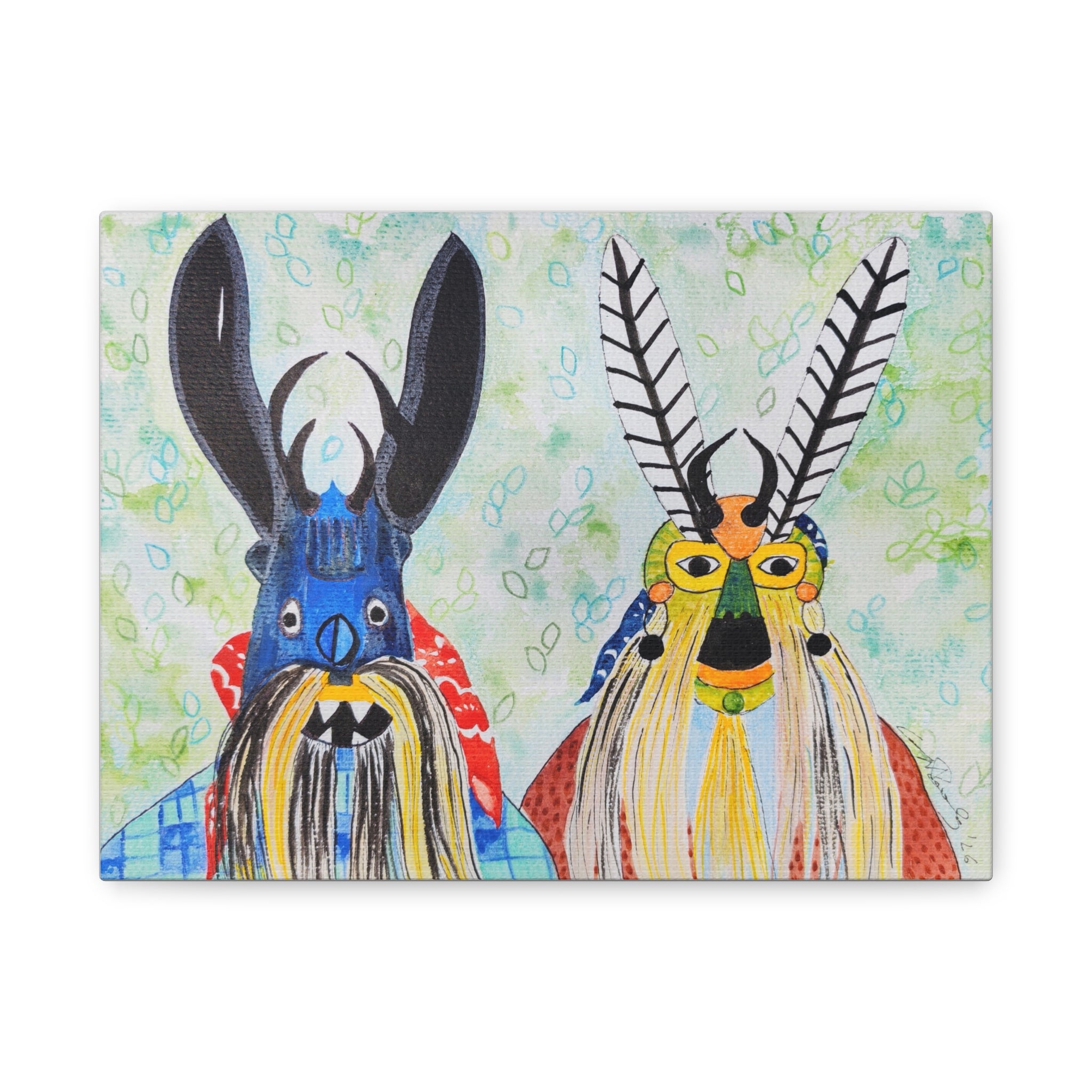 Tribal Mask Art Matte Canvas — Colorful Folk Portrait, Stretched Wall Art