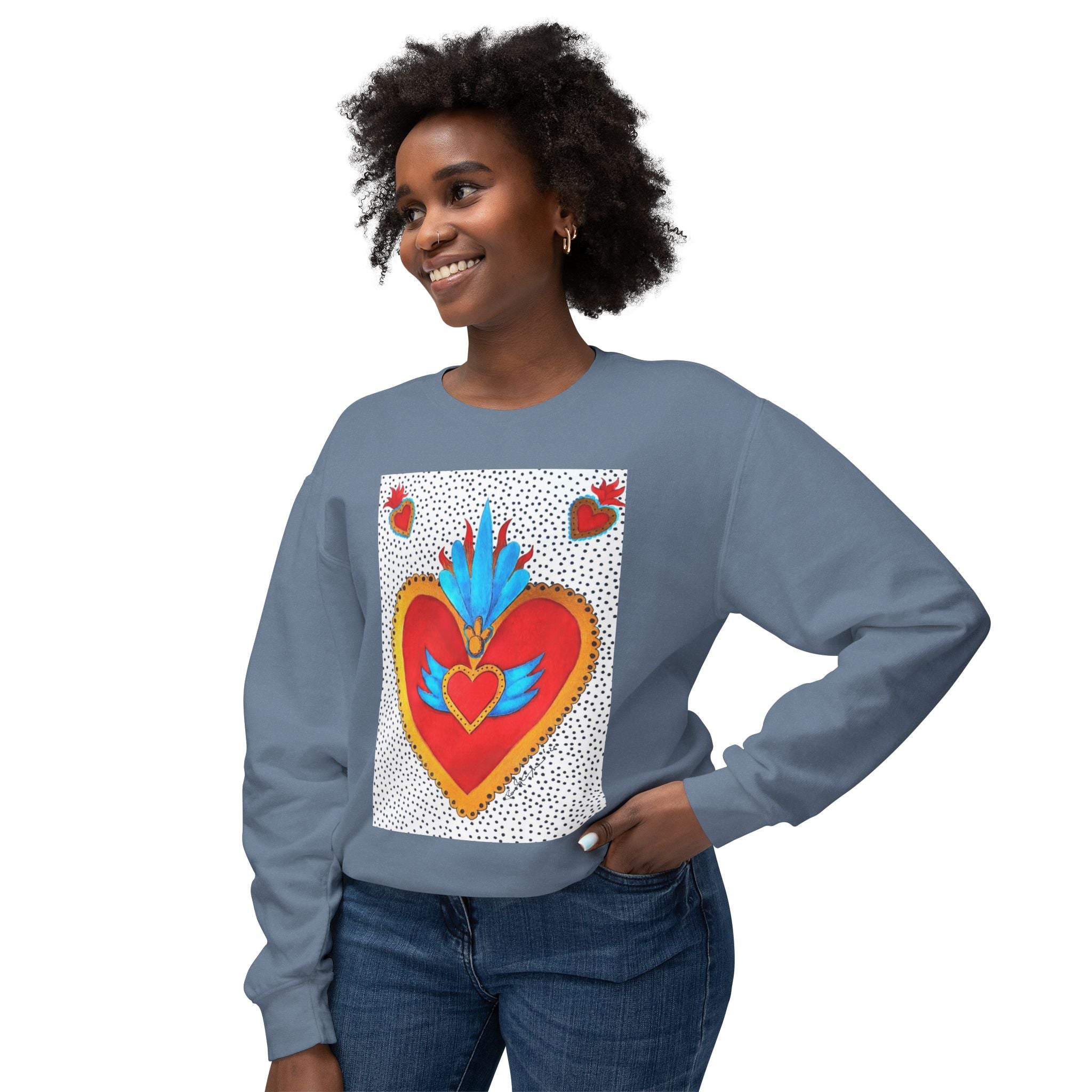Sweat-shirt ras du cou Cœur Sacré — Motif de cœur coloré d'art populaire mexicain