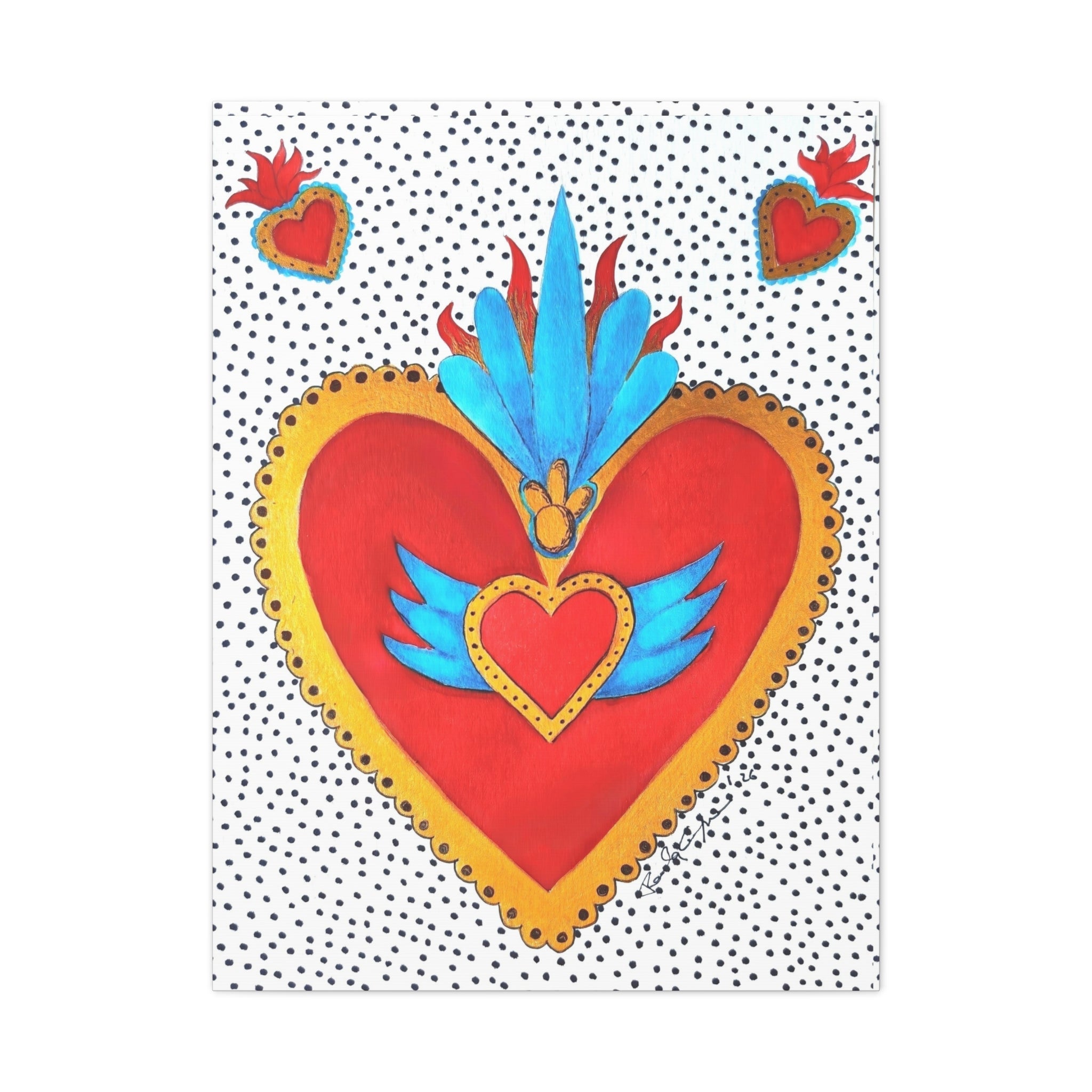 "Tin Heart" Folk Art Sacred Heart Canvas Print — Vibrant Red & Gold Heart Wall Art