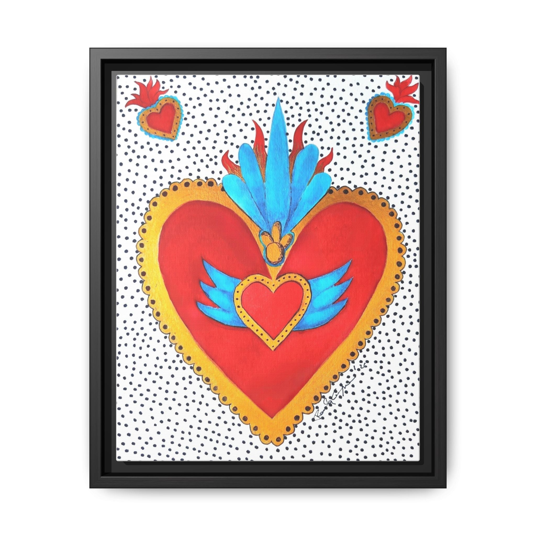 "Tin Heart" Framed Sacred Heart Canvas Art — Colorful Folk Heart Wall Decor