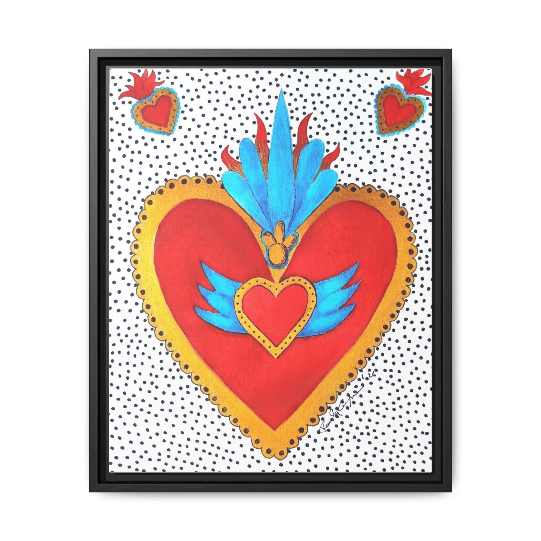 "Tin Heart" Framed Sacred Heart Canvas Art — Colorful Folk Heart Wall Decor