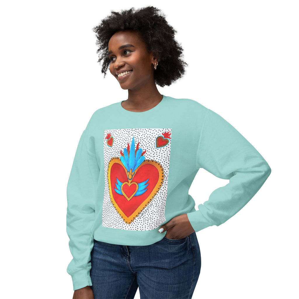 Sweat-shirt ras du cou Cœur Sacré — Motif de cœur coloré d'art populaire mexicain