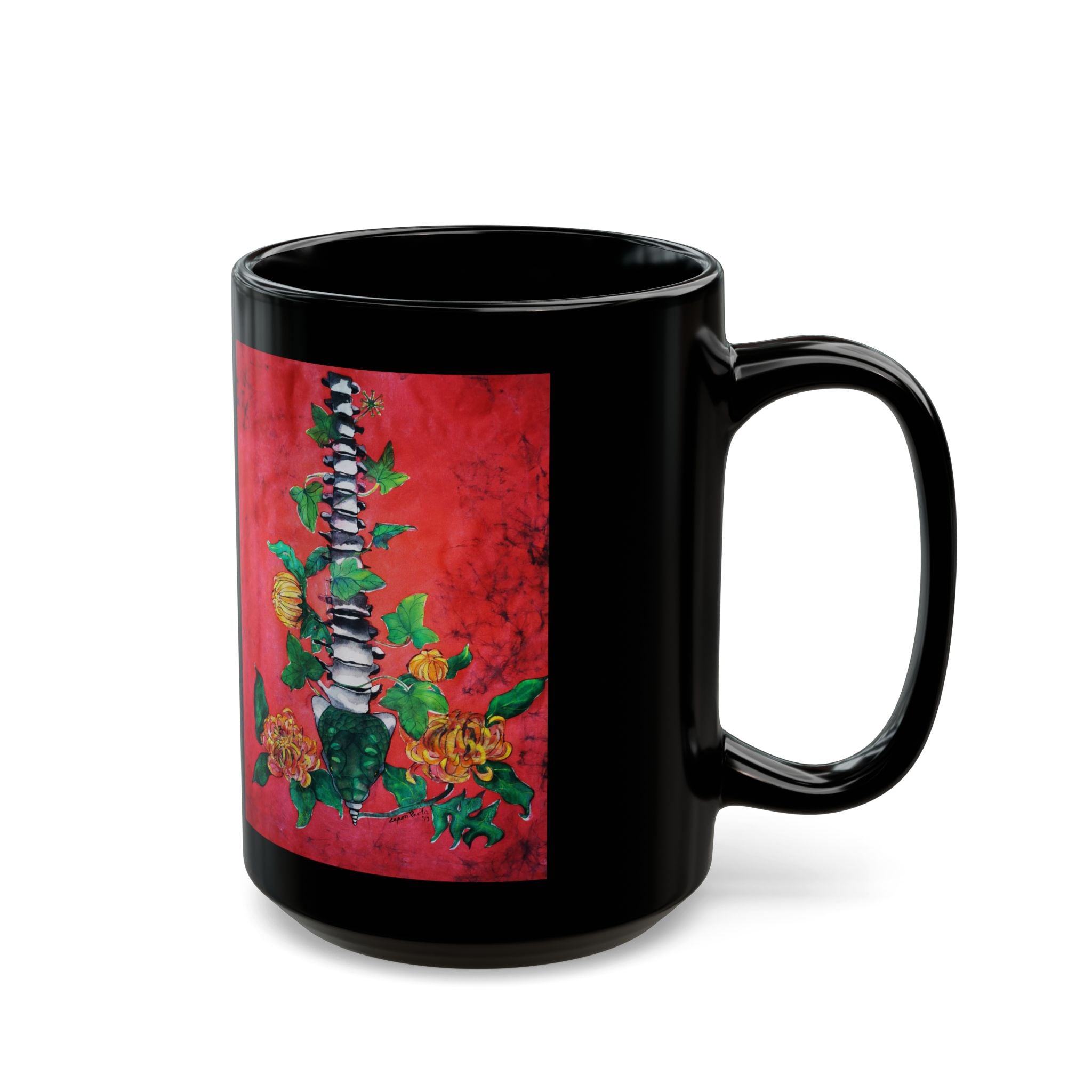 Anatomical Spine & Flowers Black Mug – Gothic Floral Coffee Cup (11oz/15oz)