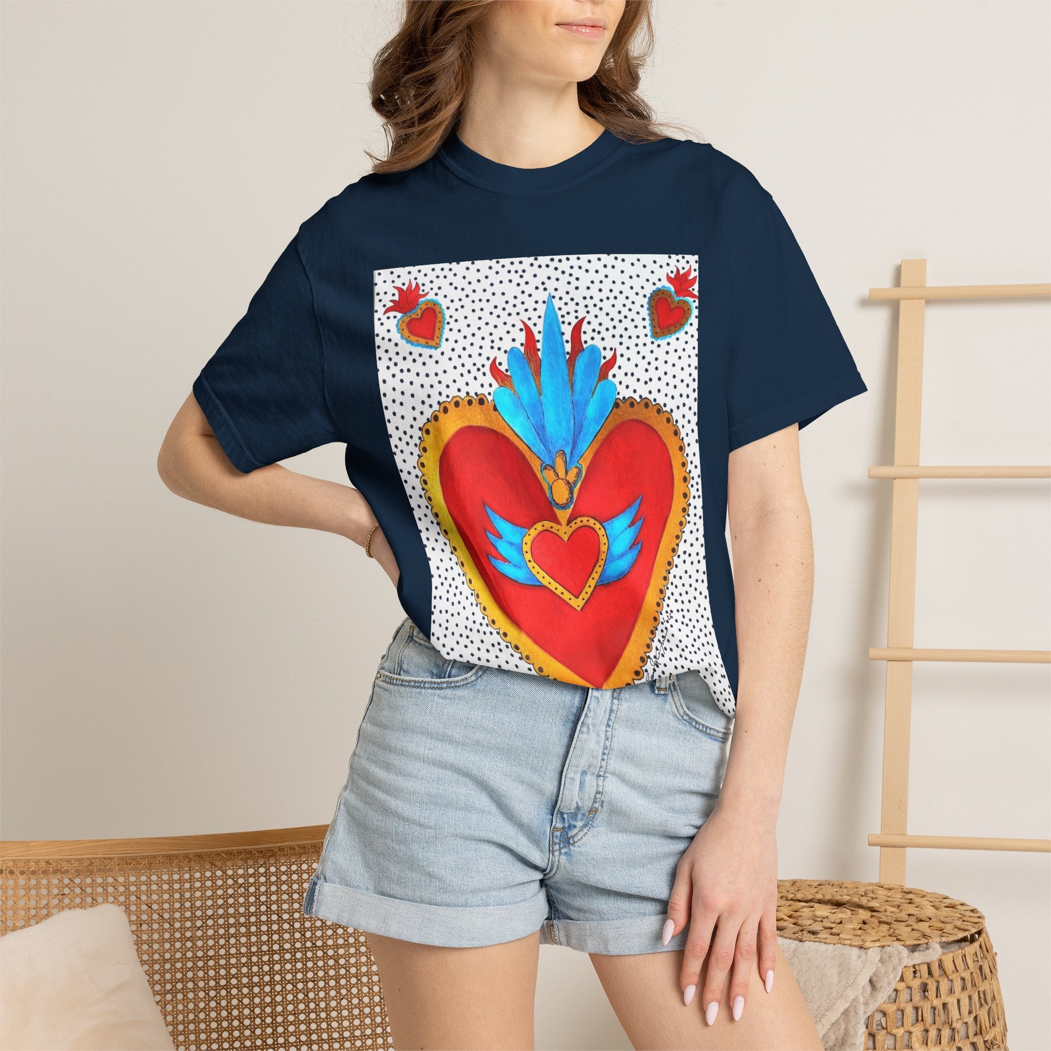 T-shirt Cœur Sacré ailé — Motif d'art populaire mexicain coloré
