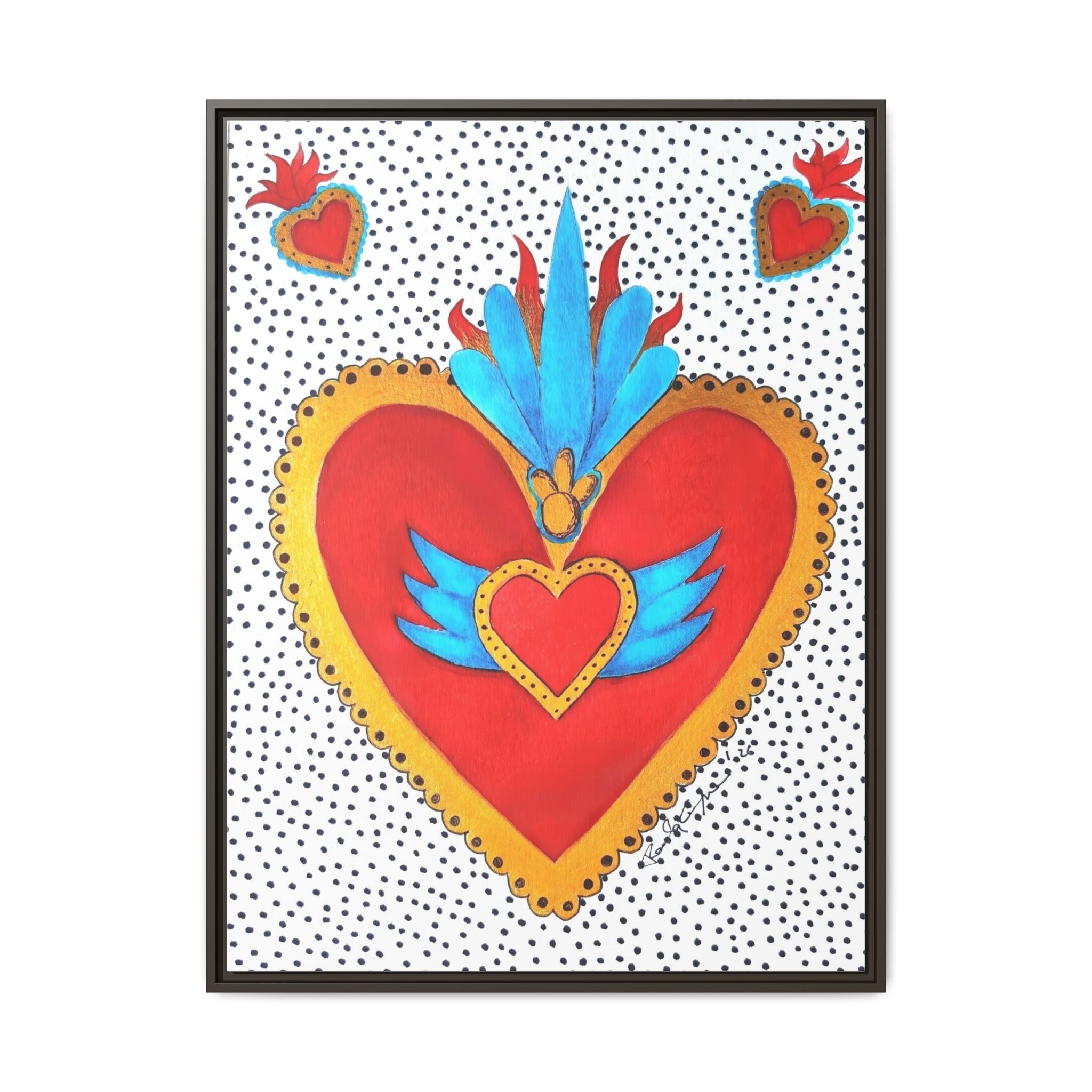 "Tin Heart" Framed Sacred Heart Canvas Art — Colorful Folk Heart Wall Decor