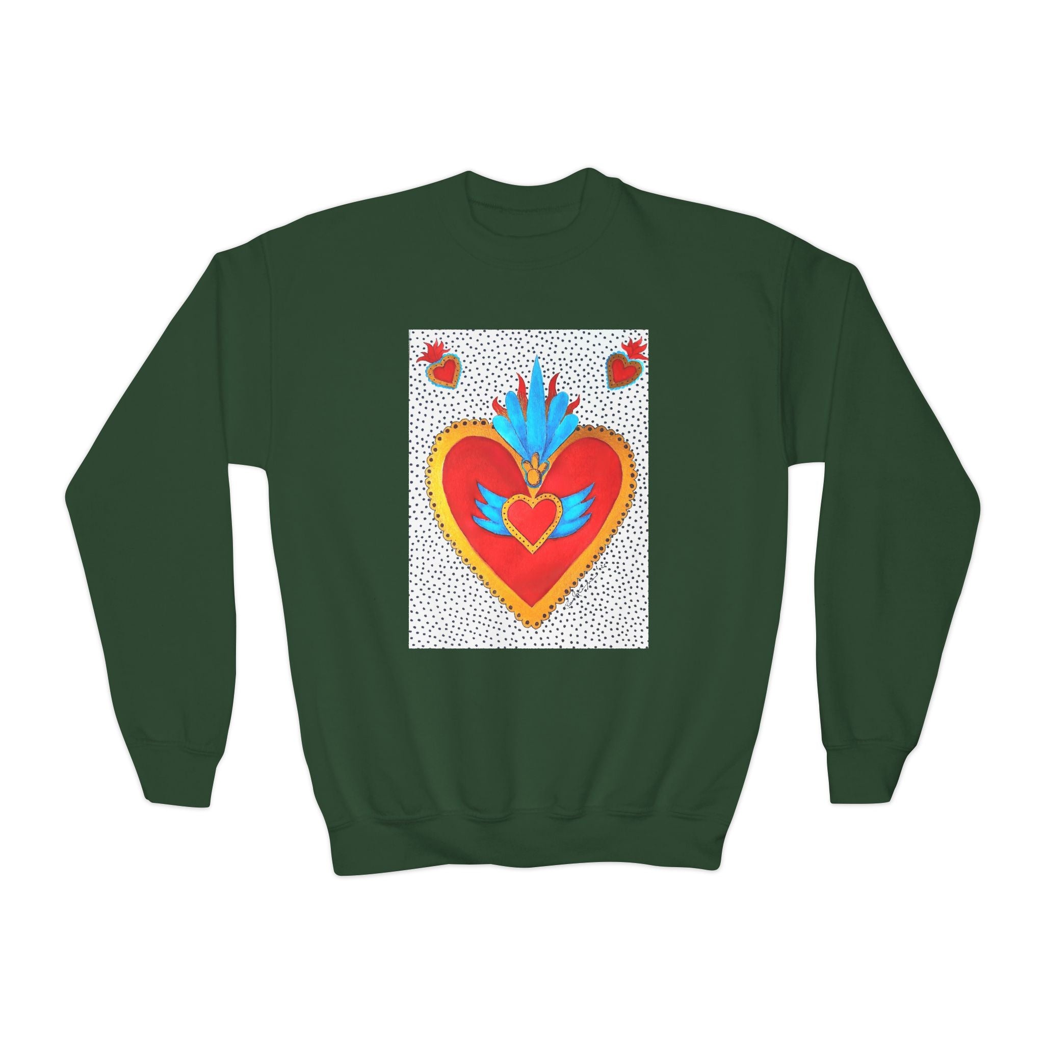 "Tin Heart" Youth Crewneck Sweatshirt — Bright Sacred Heart Graphic Tee for Kids