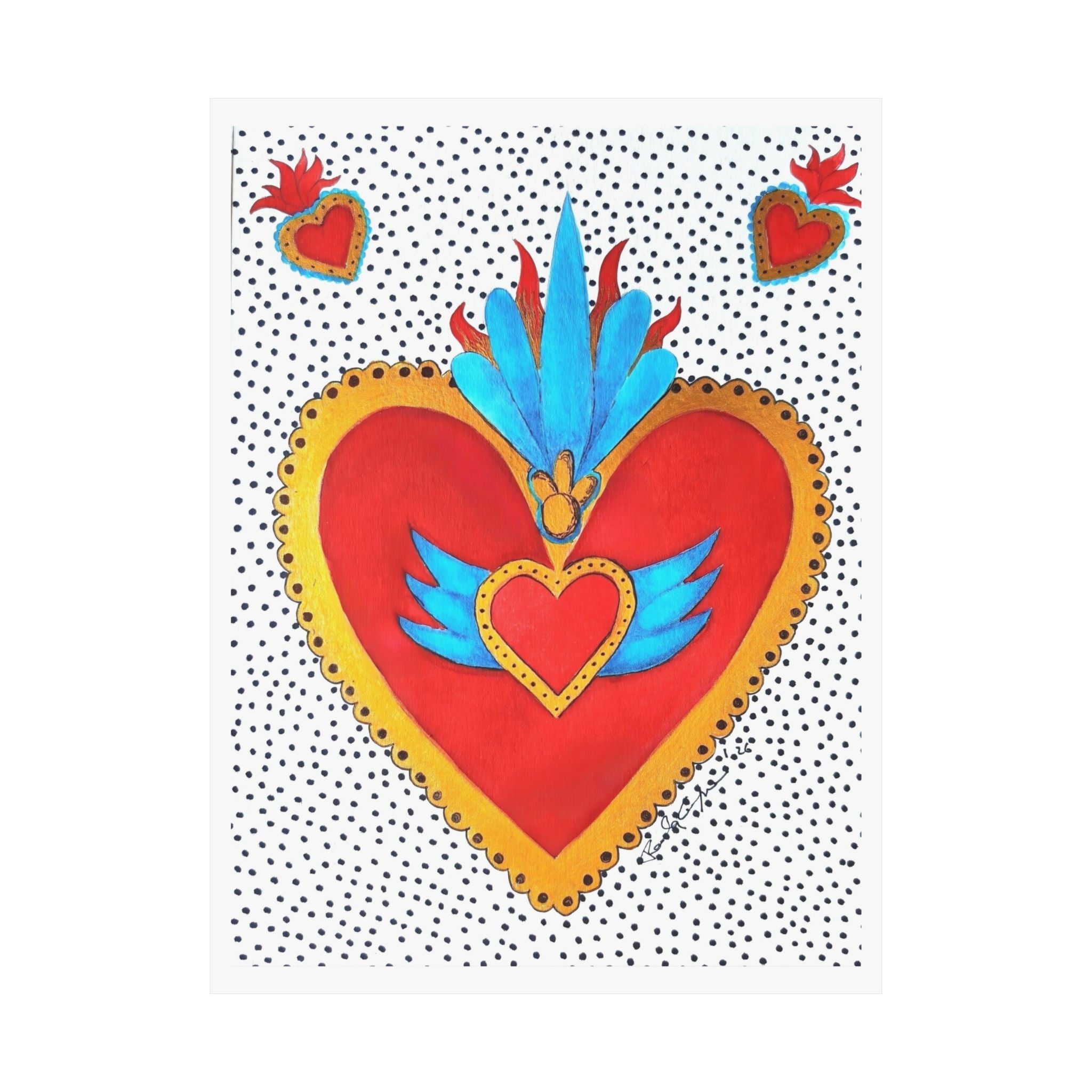"Corazon de hojalata" Sacred Heart Art Poster — Colorful Folk Heart Matte Vertical Print