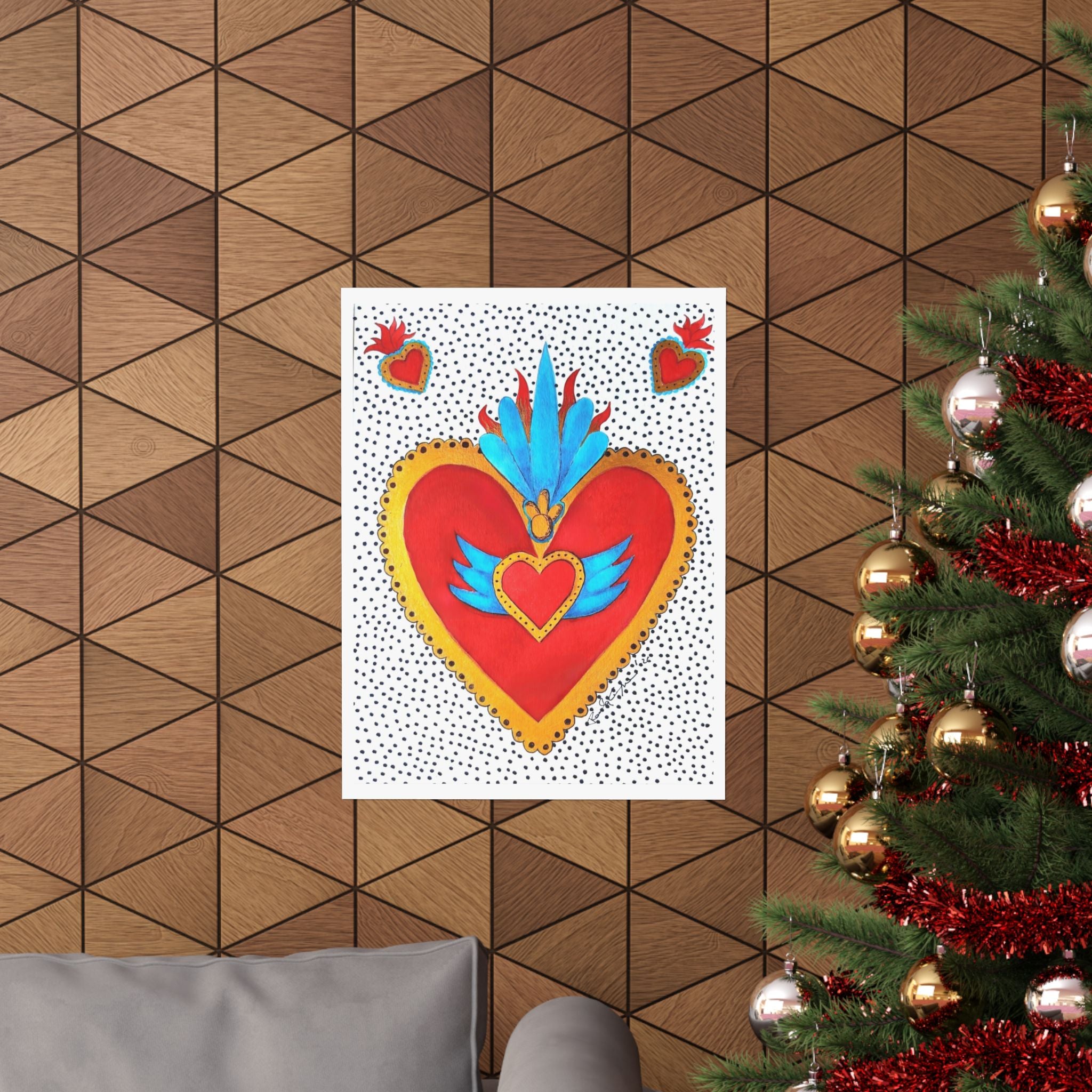 "Tin Heart" Sacred Heart Art Poster — Colorful Folk Heart Matte Vertical Print