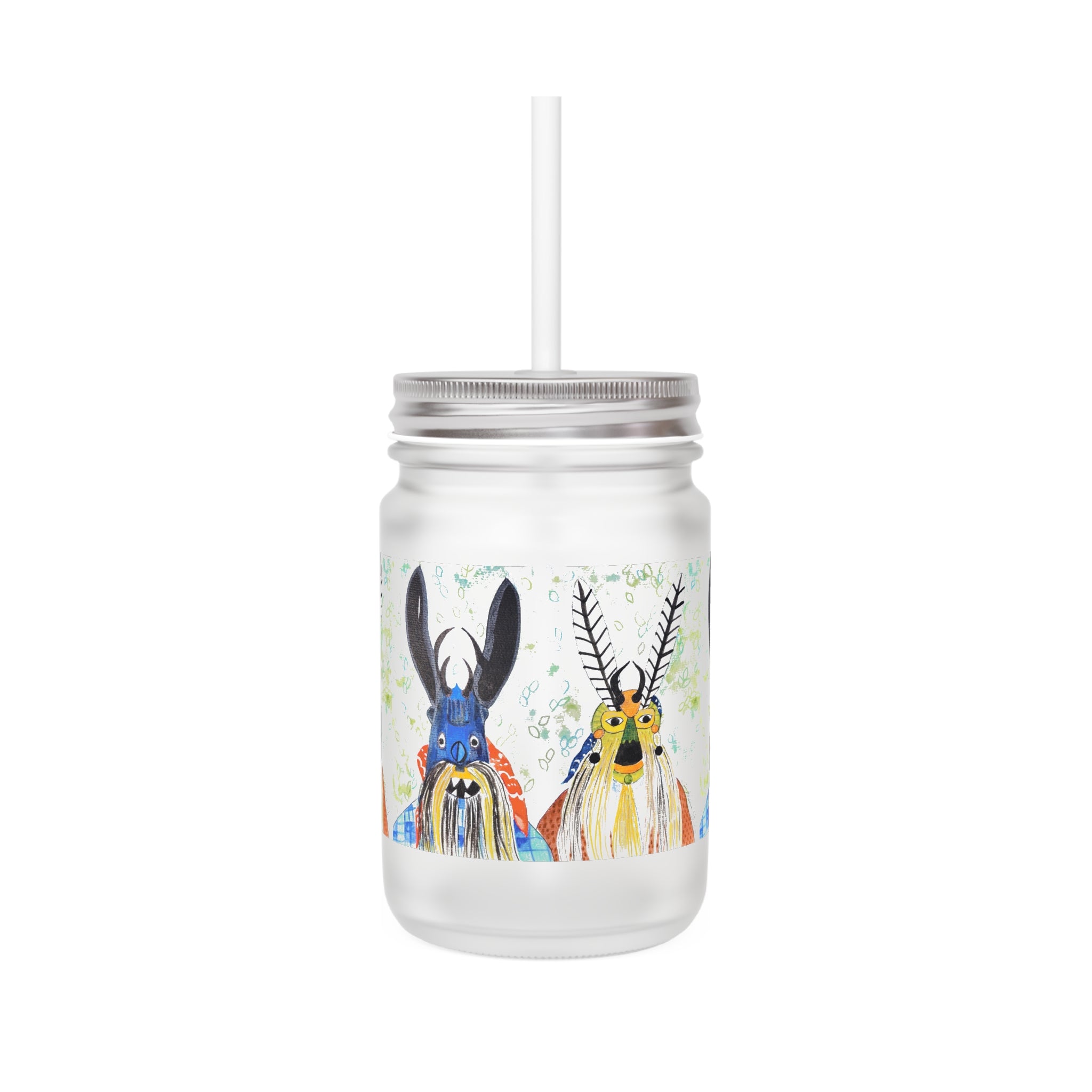 Mason Jar Tumbler with Colorful Watercolor Deer Design – Glass Drinking Jar with Straw