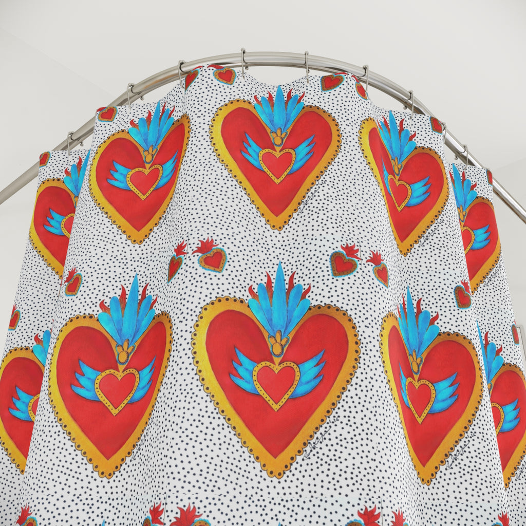 Heart Motif Shower Curtain — Bright Red Sacred Hearts Pattern for Bathroom Decor